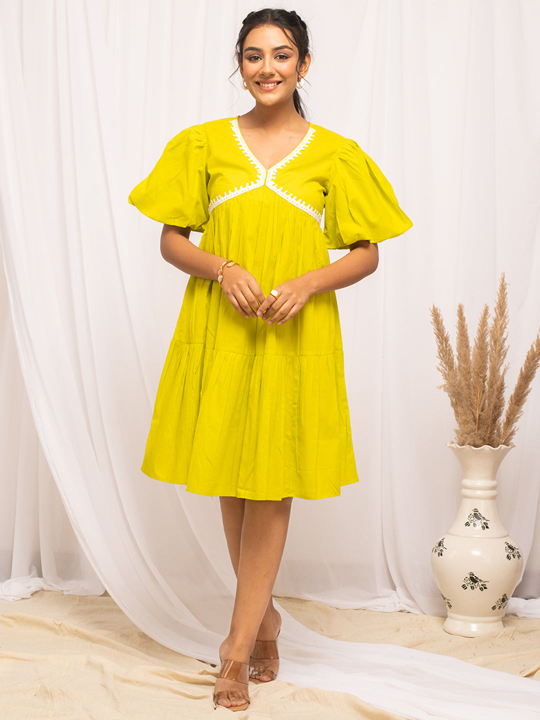 FIORRA Women's Lemon Yellow Colour Solid Cotton Skater Dress – FiorraLifestyle FIORRA Women's Lemon Yellow Colour Solid Cotton Skater Dress – FiorraLifestyle