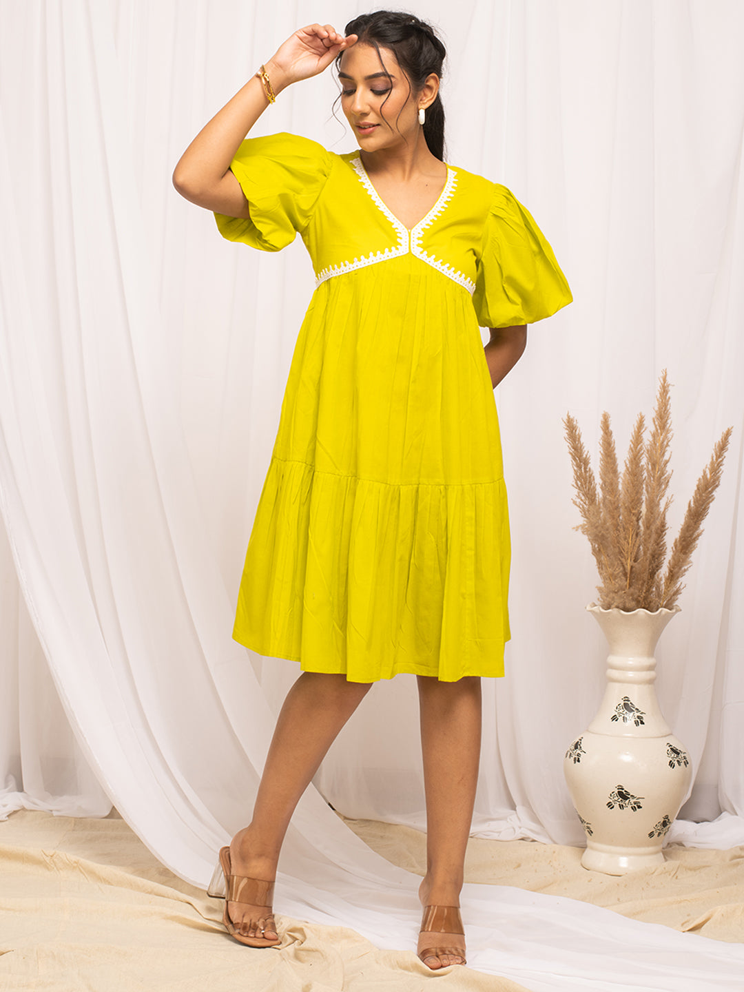 FIORRA Women's Lemon Yellow Colour Solid Cotton Skater Dress