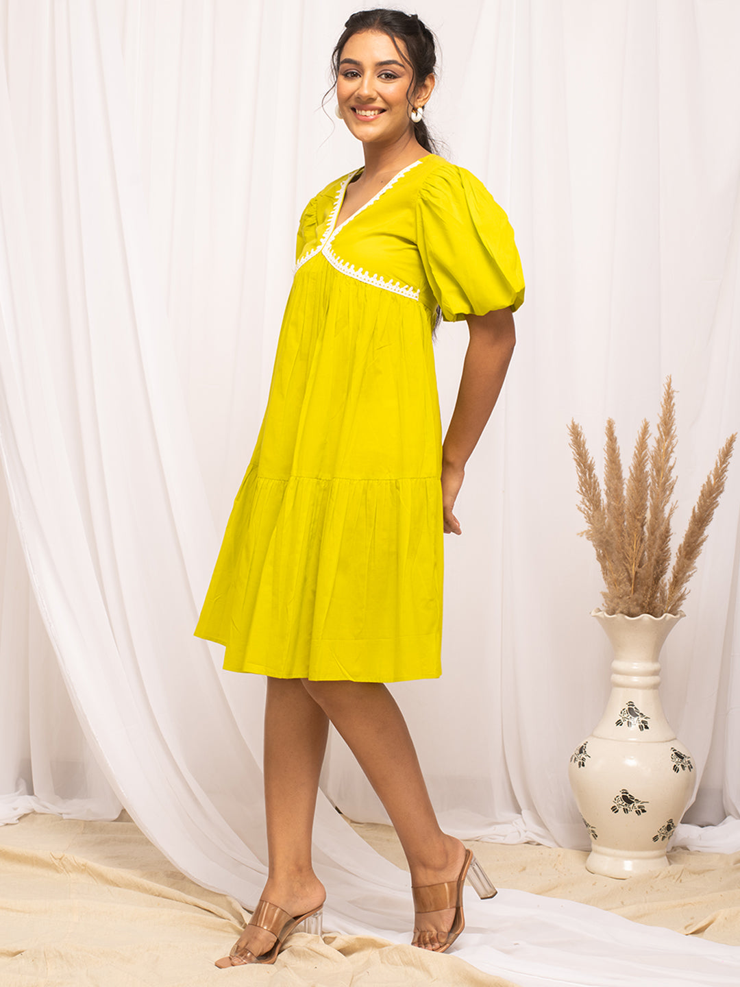 FIORRA Women's Lemon Yellow Colour Solid Cotton Skater Dress