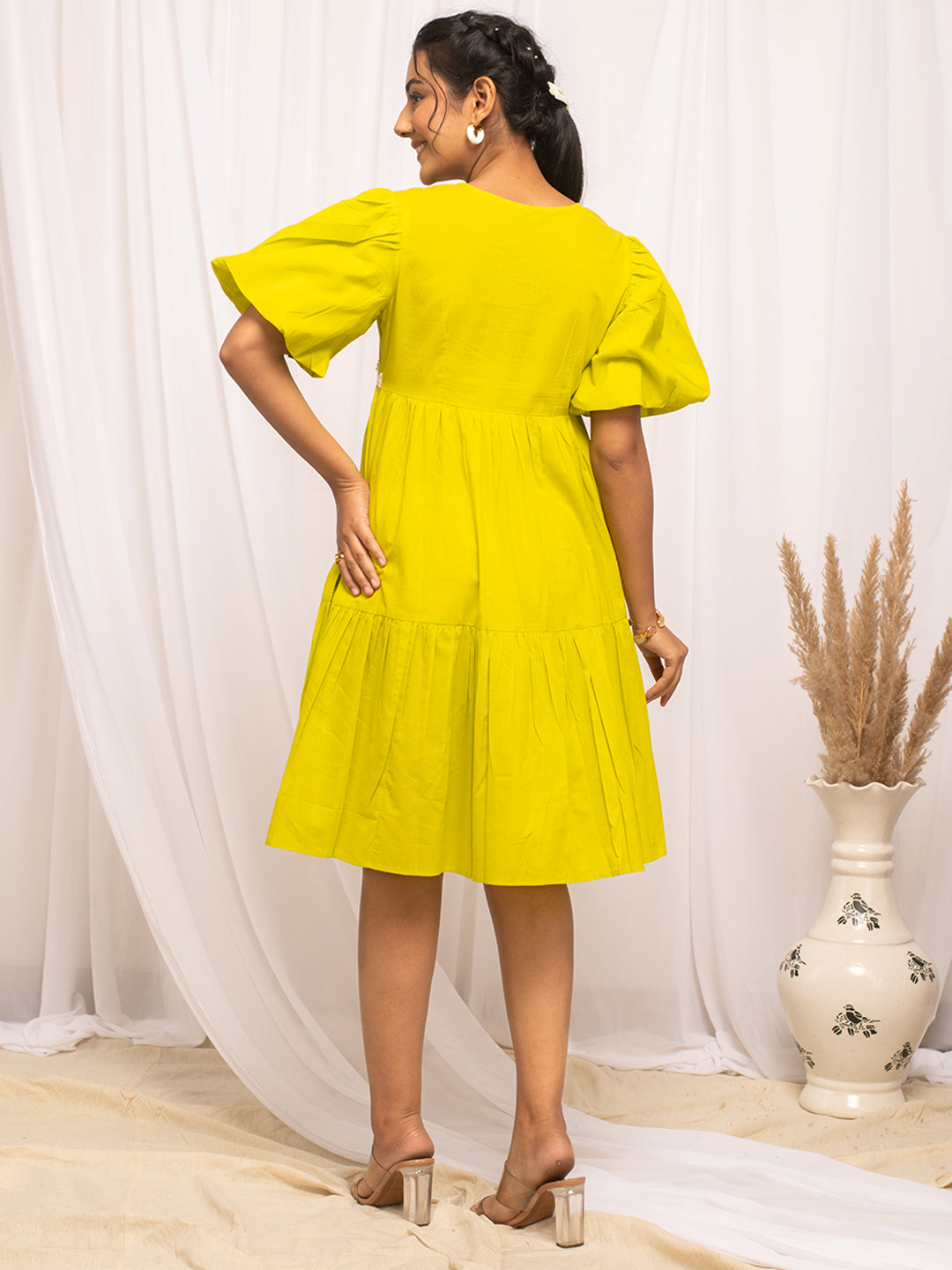 FIORRA Women's Lemon Yellow Colour Solid Cotton Skater Dress