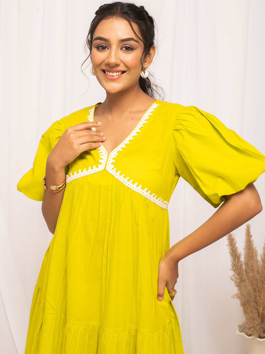 FIORRA Women's Lemon Yellow Colour Solid Cotton Skater Dress