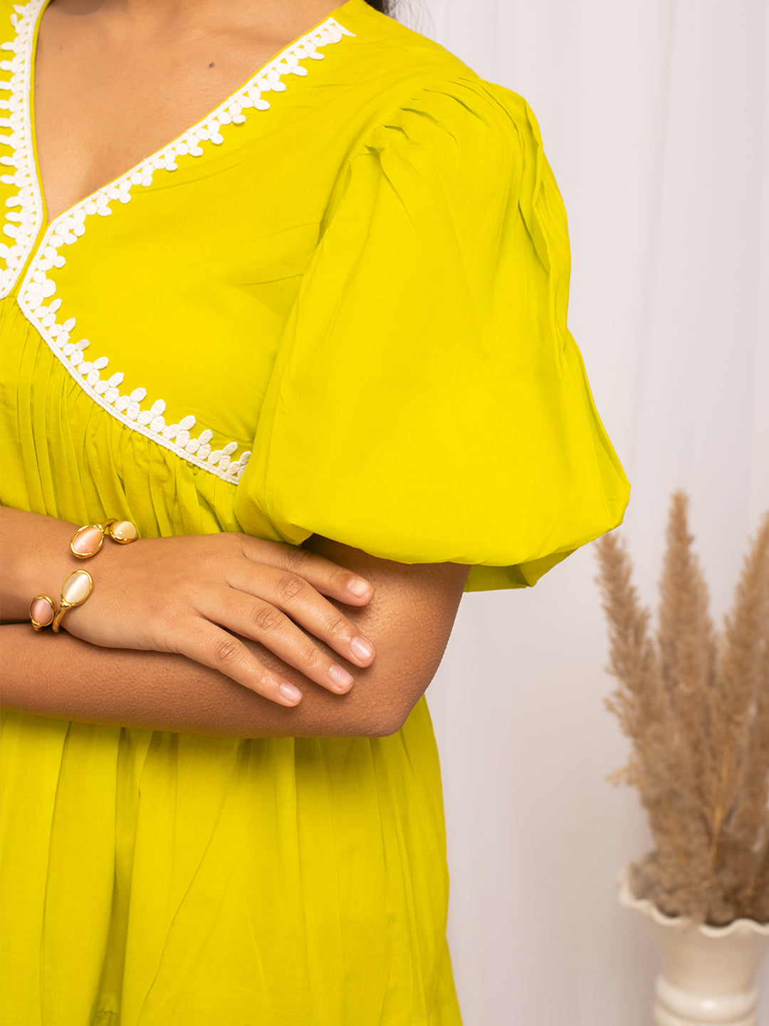 FIORRA Women's Lemon Yellow Colour Solid Cotton Skater Dress