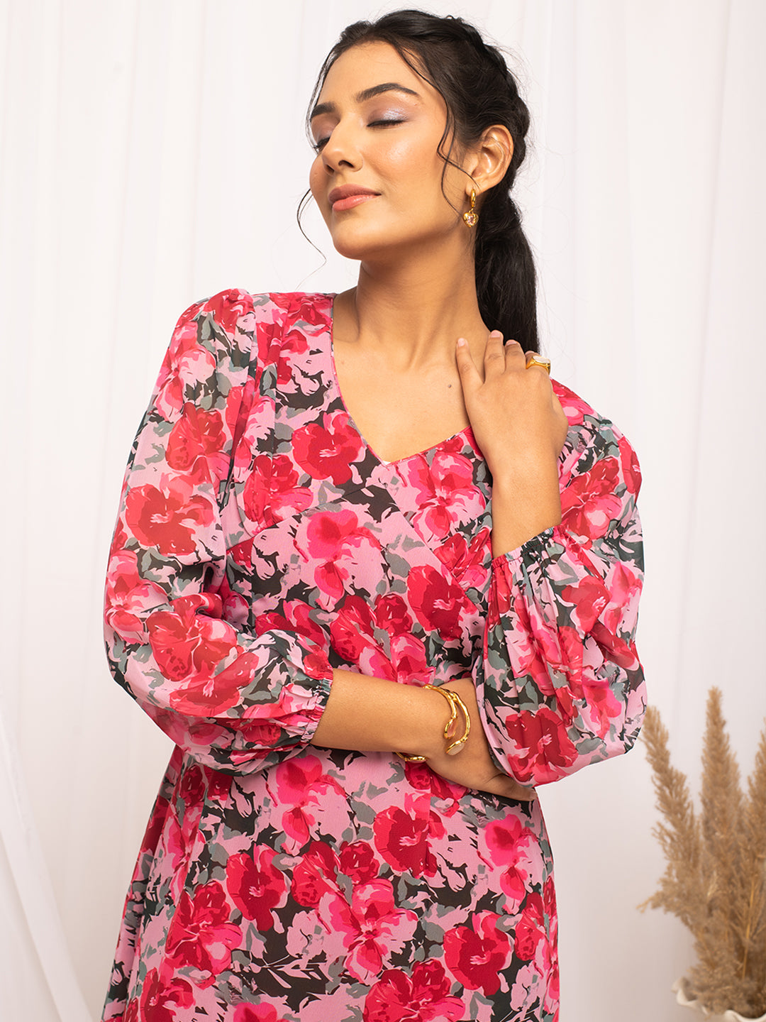 FIORRA Women's Red Georgette Floral Printed  Dress