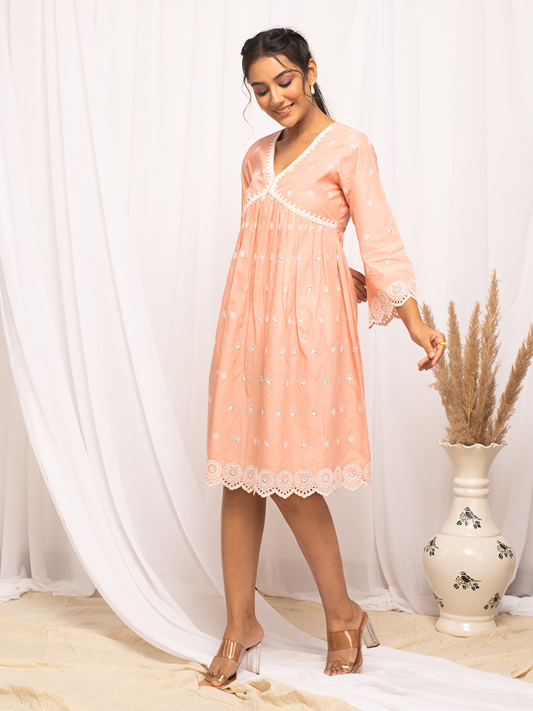 FIORRA Women's Peach Schiffli Work Cotton Skater Dress