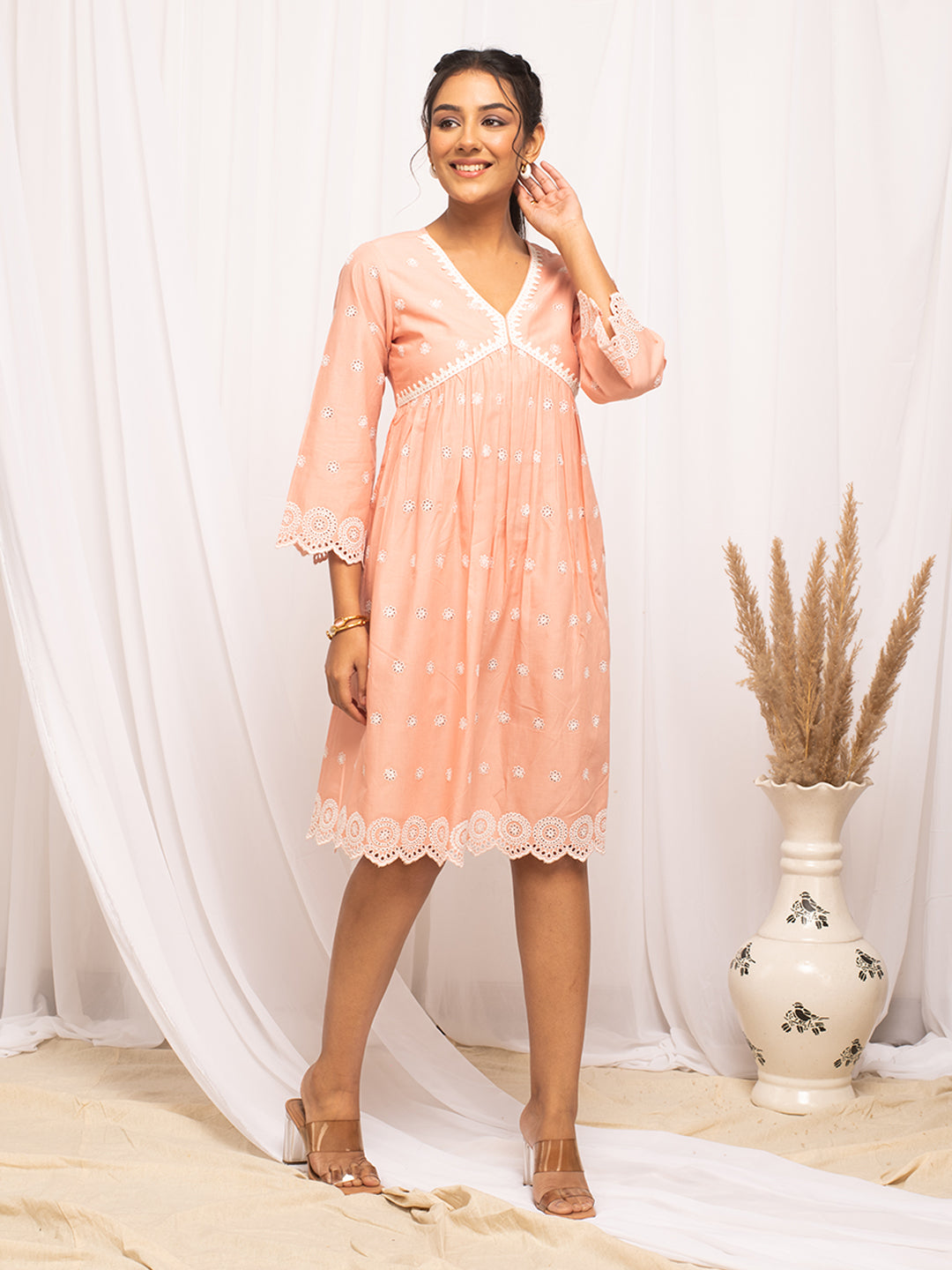 FIORRA Women's Peach Schiffli Work Cotton Skater Dress