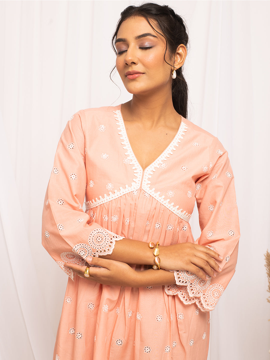 FIORRA Women's Peach Schiffli Work Cotton Skater Dress