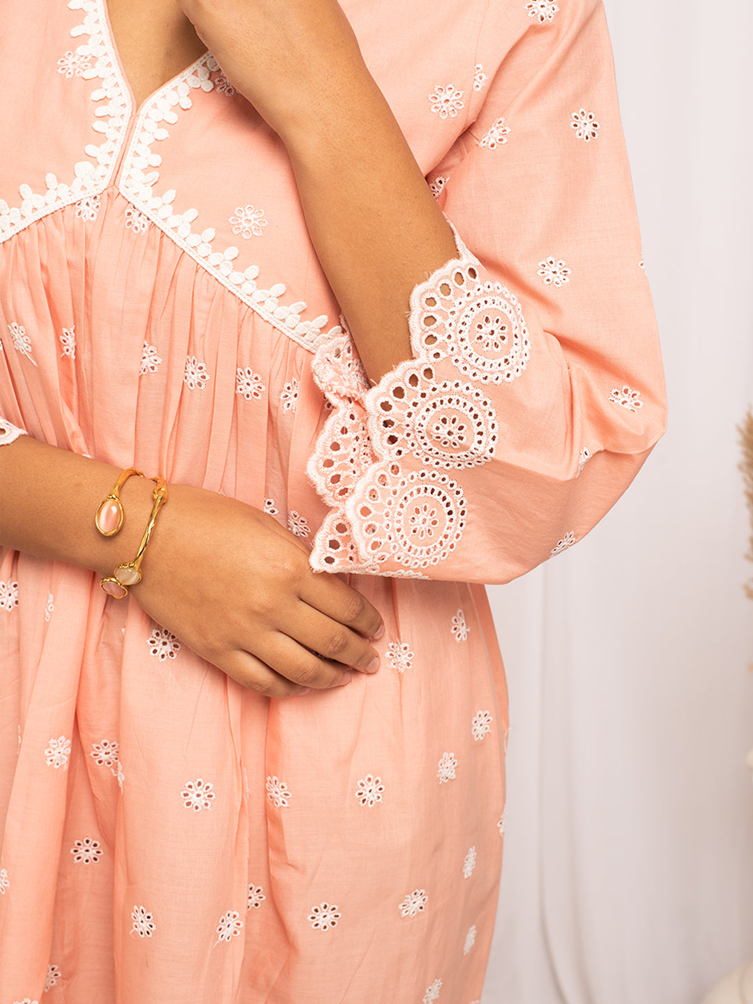 FIORRA Women's Peach Schiffli Work Cotton Skater Dress