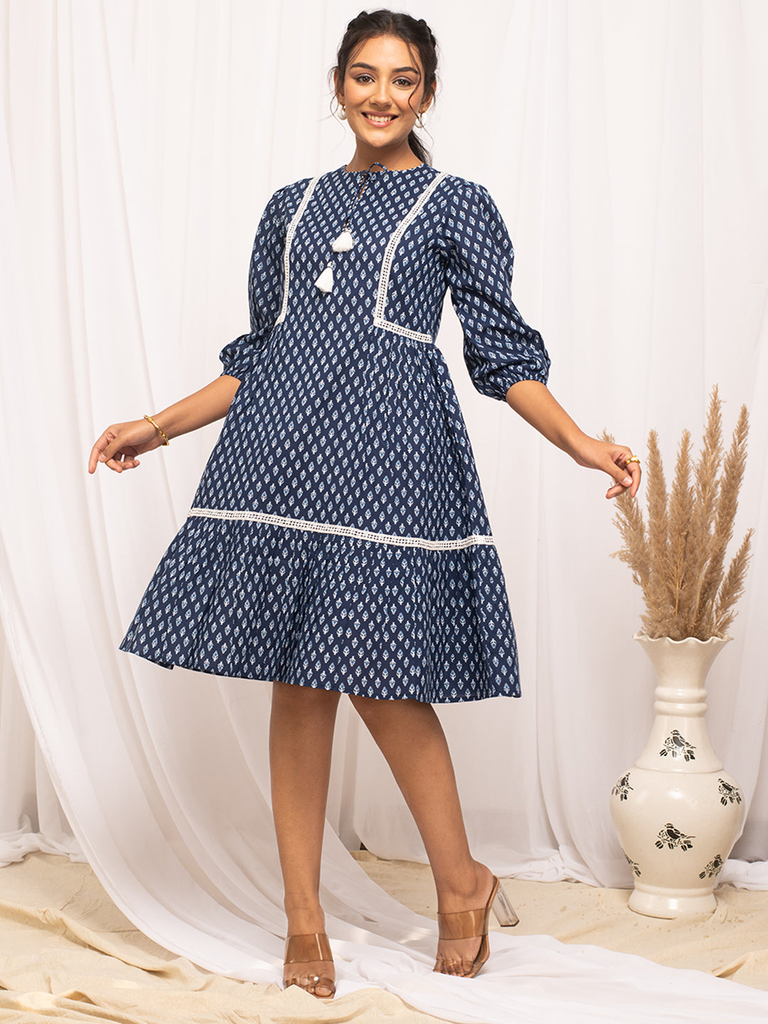 FIORRA Women's Blue Cotton Floral Printed  Dress