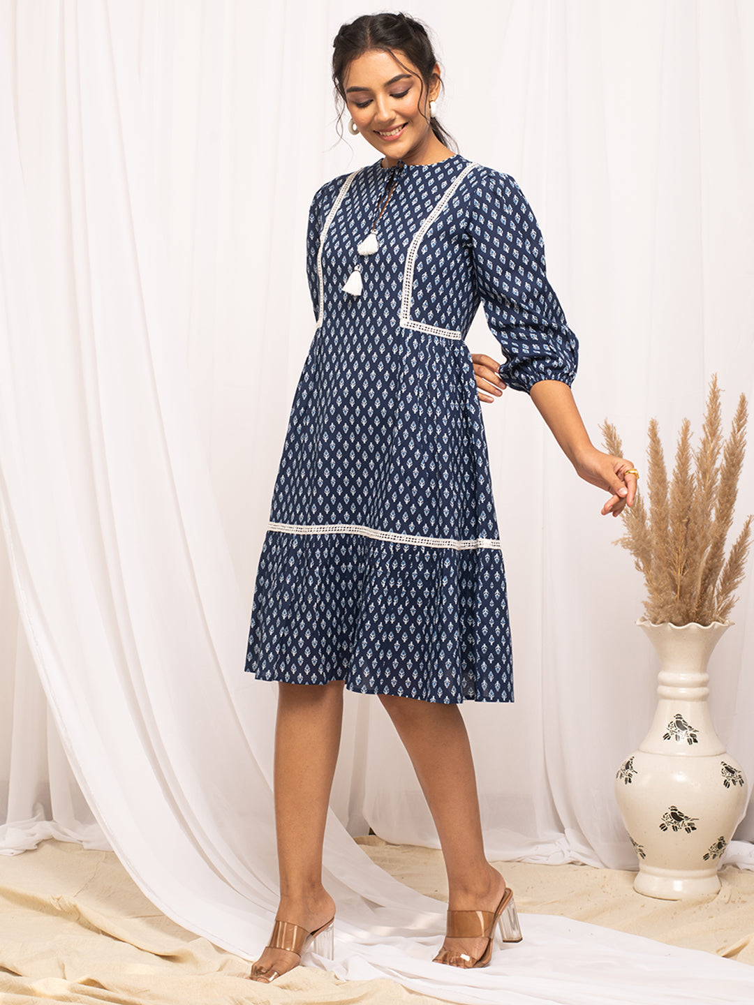 FIORRA Women's Blue Cotton Floral Printed  Dress