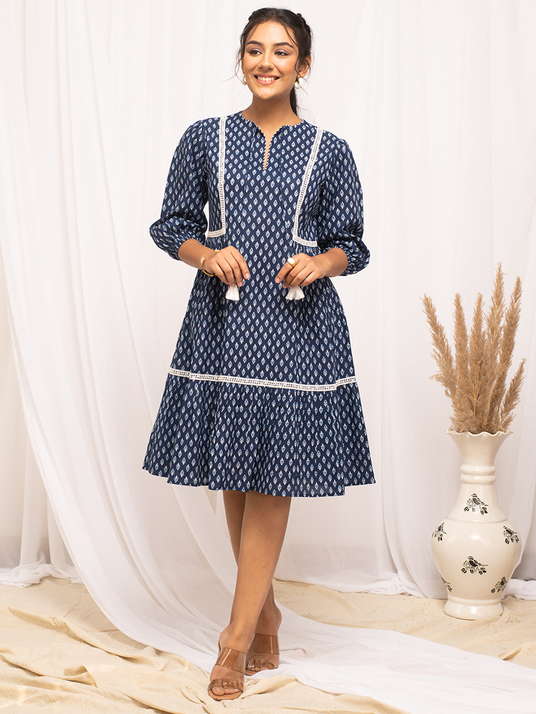 FIORRA Women's Blue Cotton Floral Printed  Dress