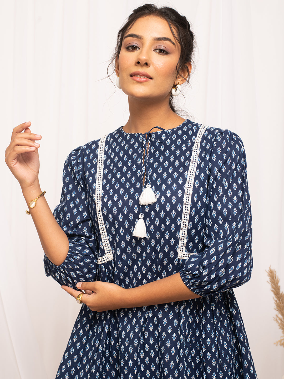 FIORRA Women's Blue Cotton Floral Printed  Dress