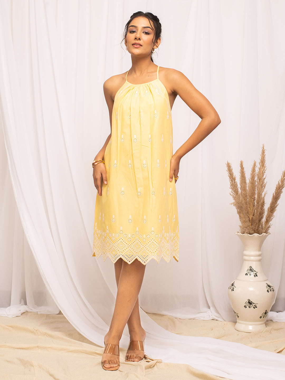 FIORRA Women's Yellow Schiffli Work Cotton Skater Dress