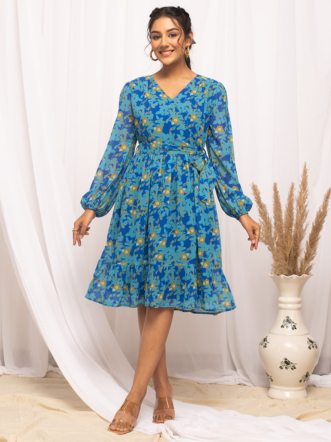 FIORRA Women's Sky Blue Georgette Floral Printed  Dress