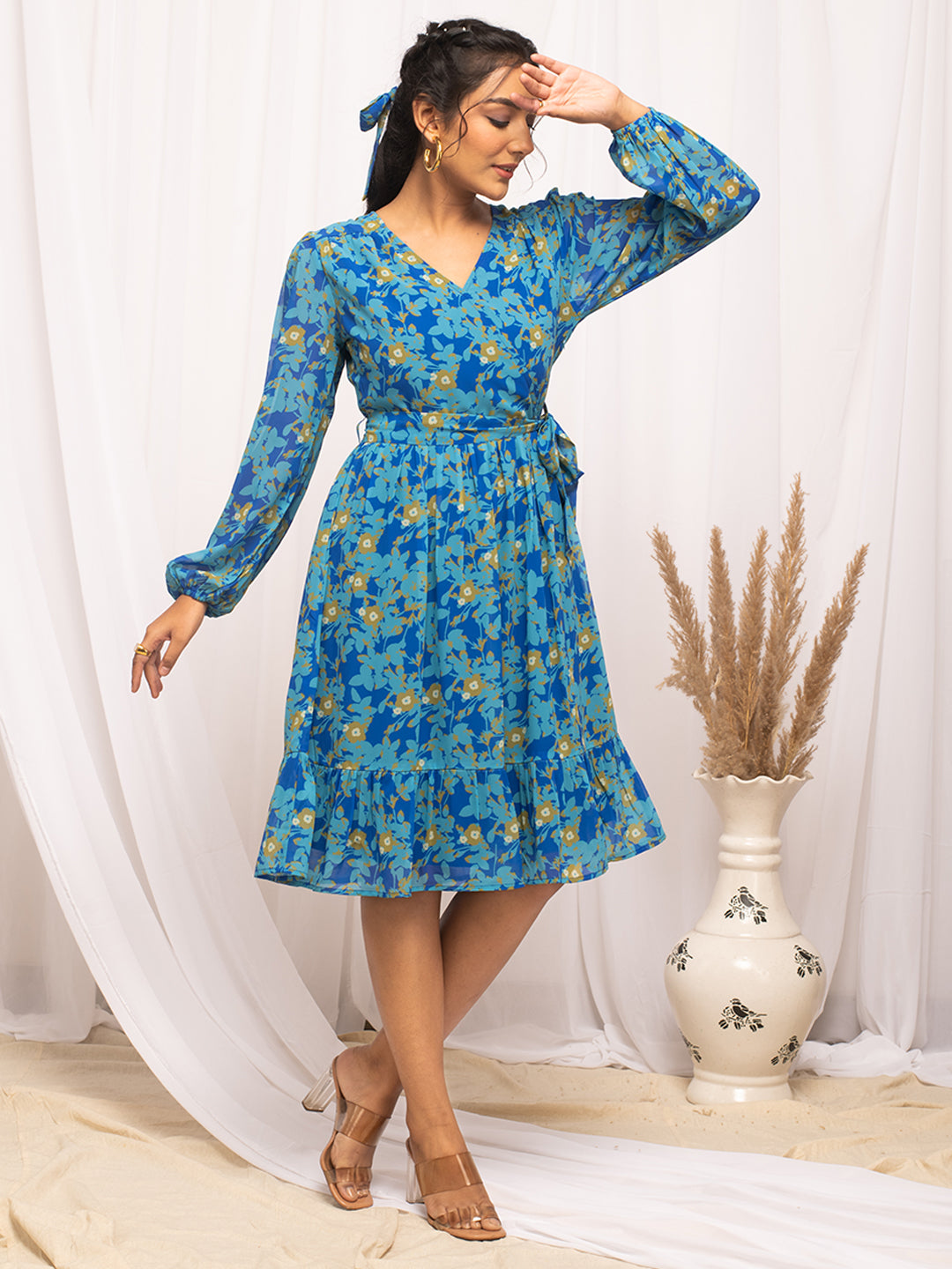 FIORRA Women's Sky Blue Georgette Floral Printed  Dress