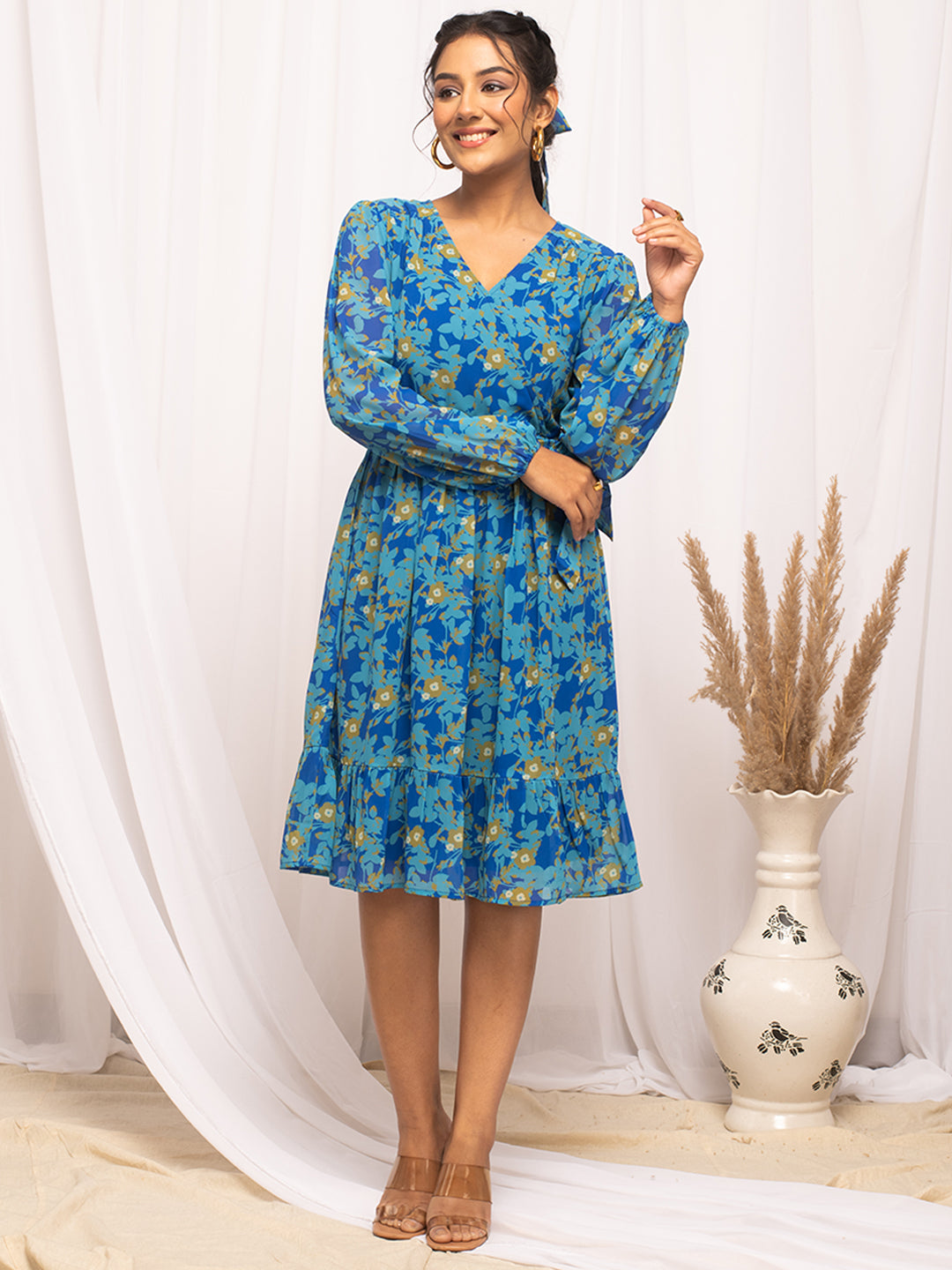 FIORRA Women's Sky Blue Georgette Floral Printed  Dress