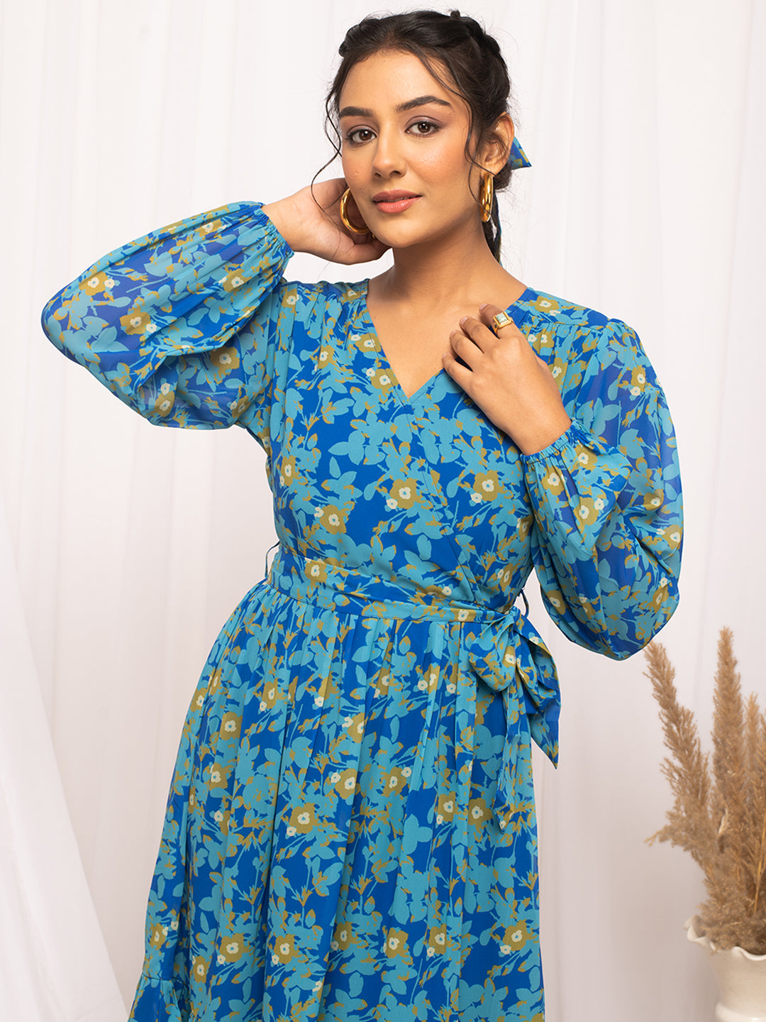 FIORRA Women's Sky Blue Georgette Floral Printed  Dress