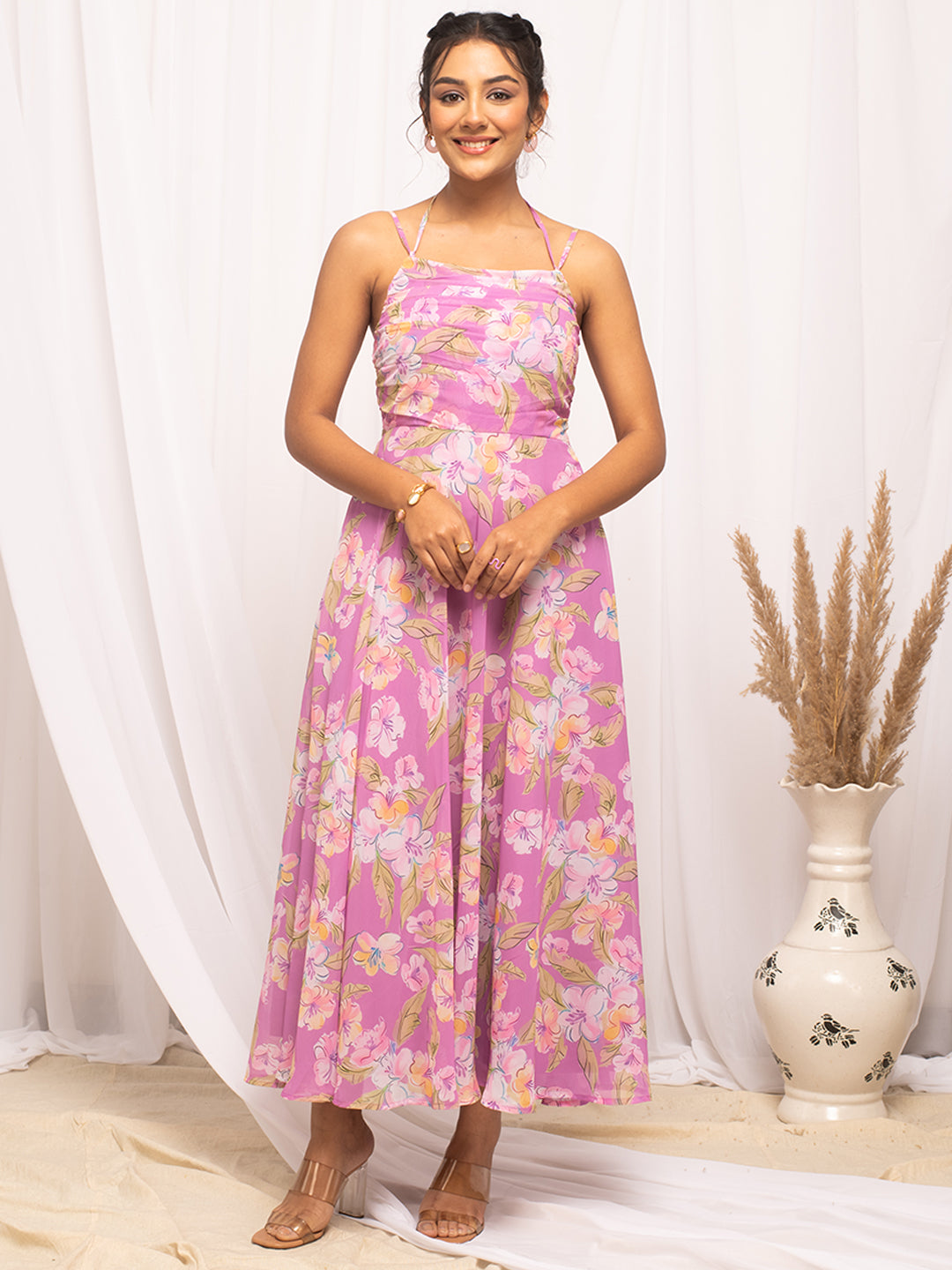 FIORRA Women's Light Pink Georgette Floral Printed  Dress