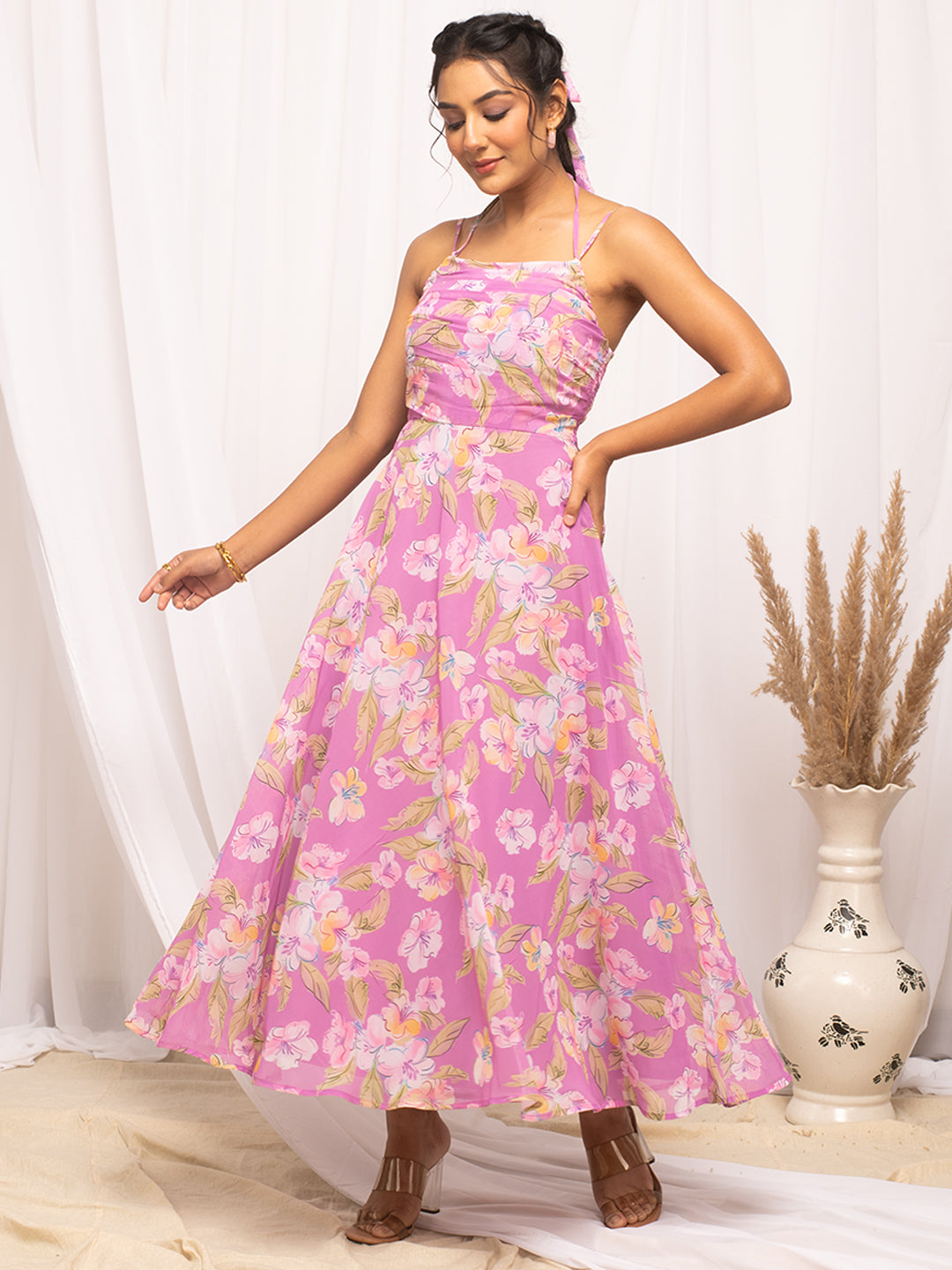 FIORRA Women's Light Pink Georgette Floral Printed  Dress