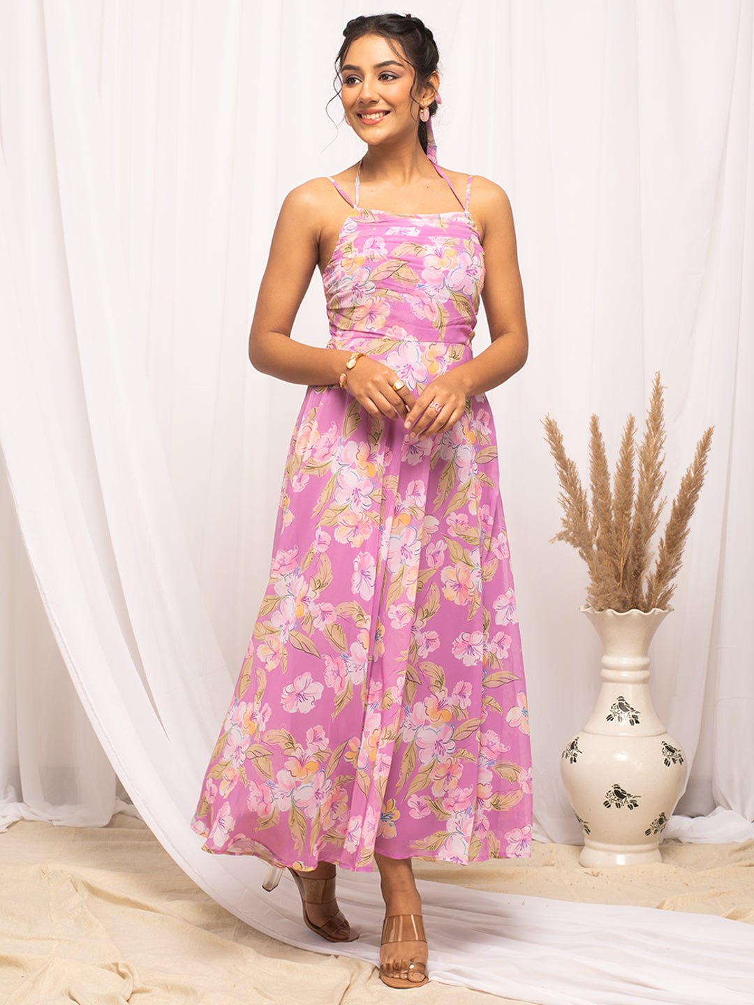 FIORRA Women's Light Pink Georgette Floral Printed  Dress