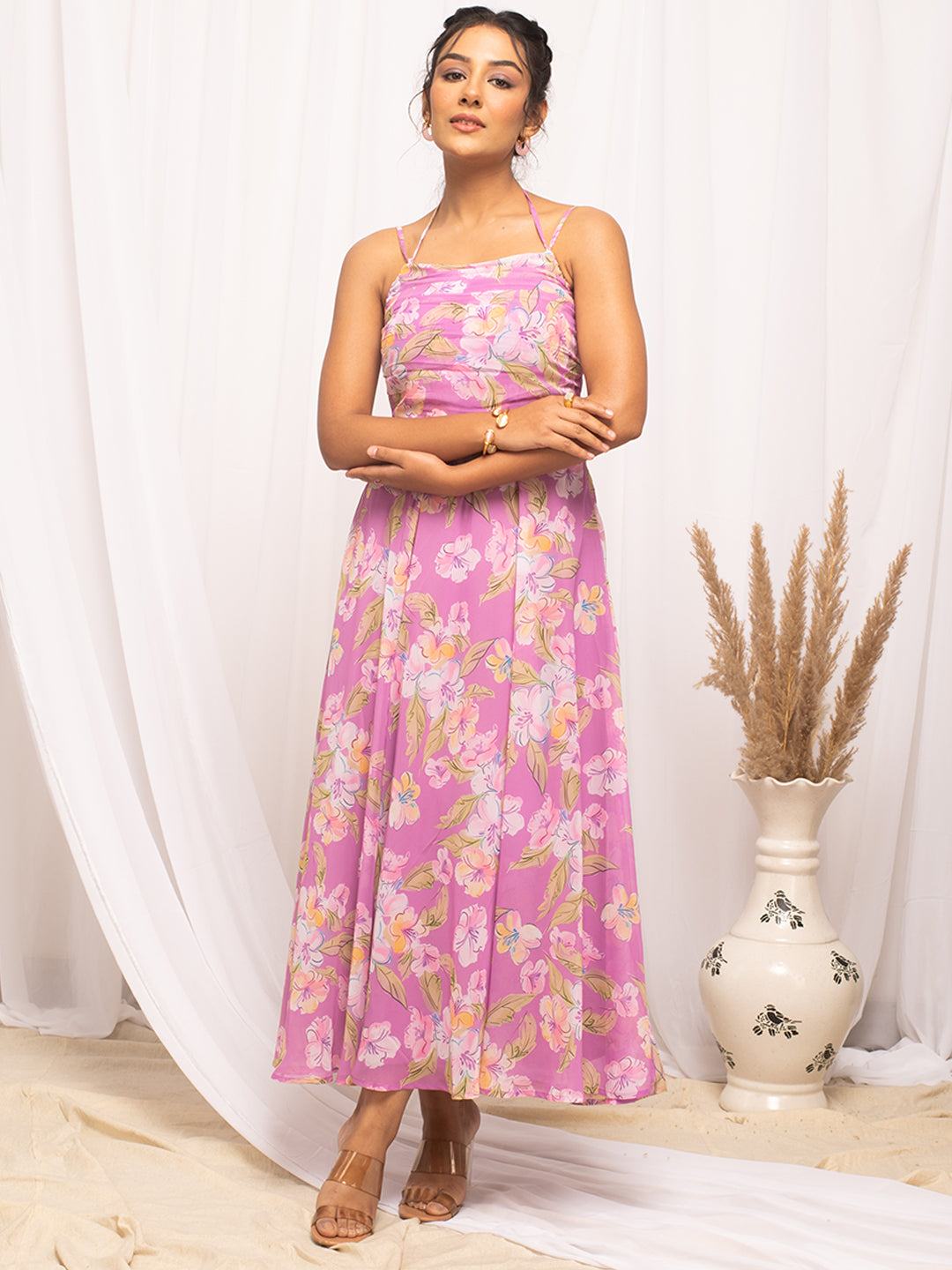 FIORRA Women's Light Pink Georgette Floral Printed  Dress