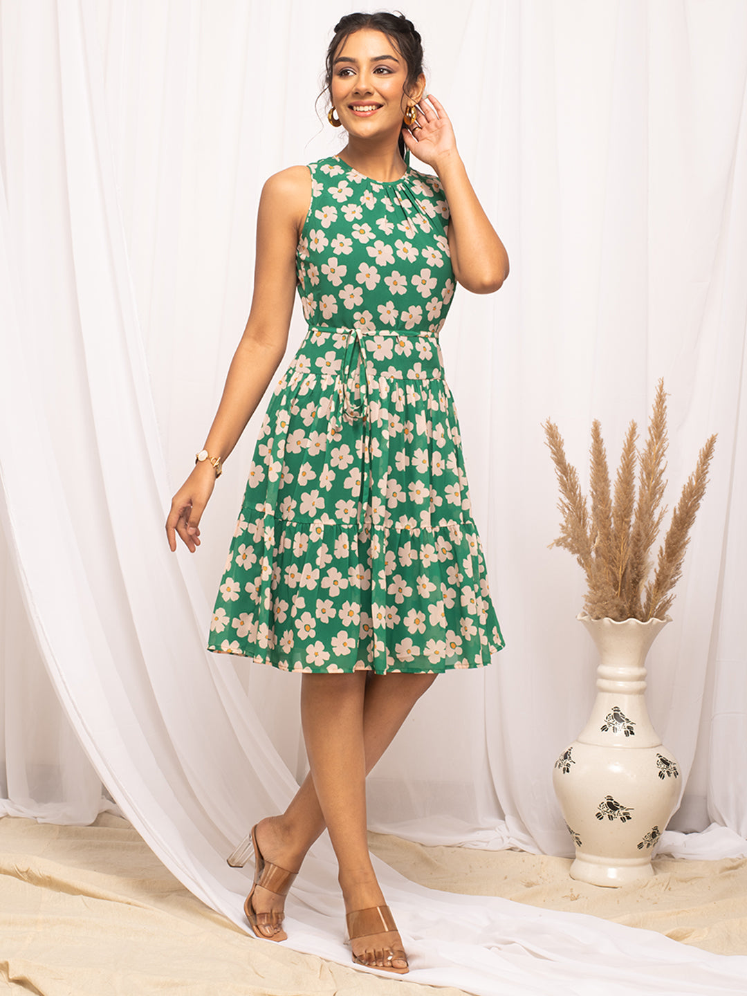 FIORRA Women's Green Georgette Floral Printed  Dress