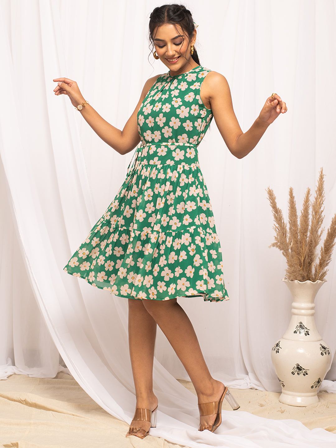 FIORRA Women's Green Georgette Floral Printed  Dress