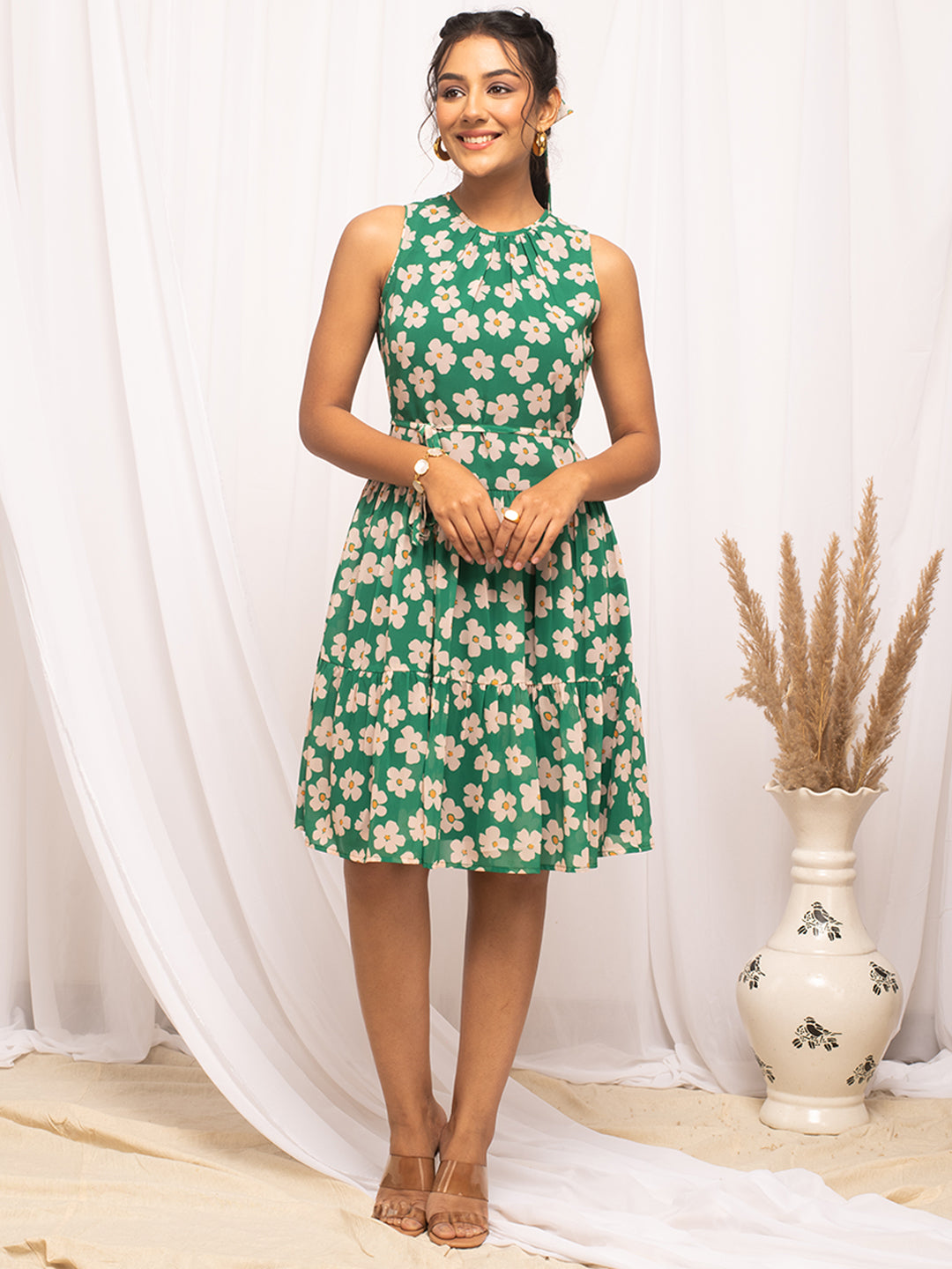 FIORRA Women's Green Georgette Floral Printed  Dress
