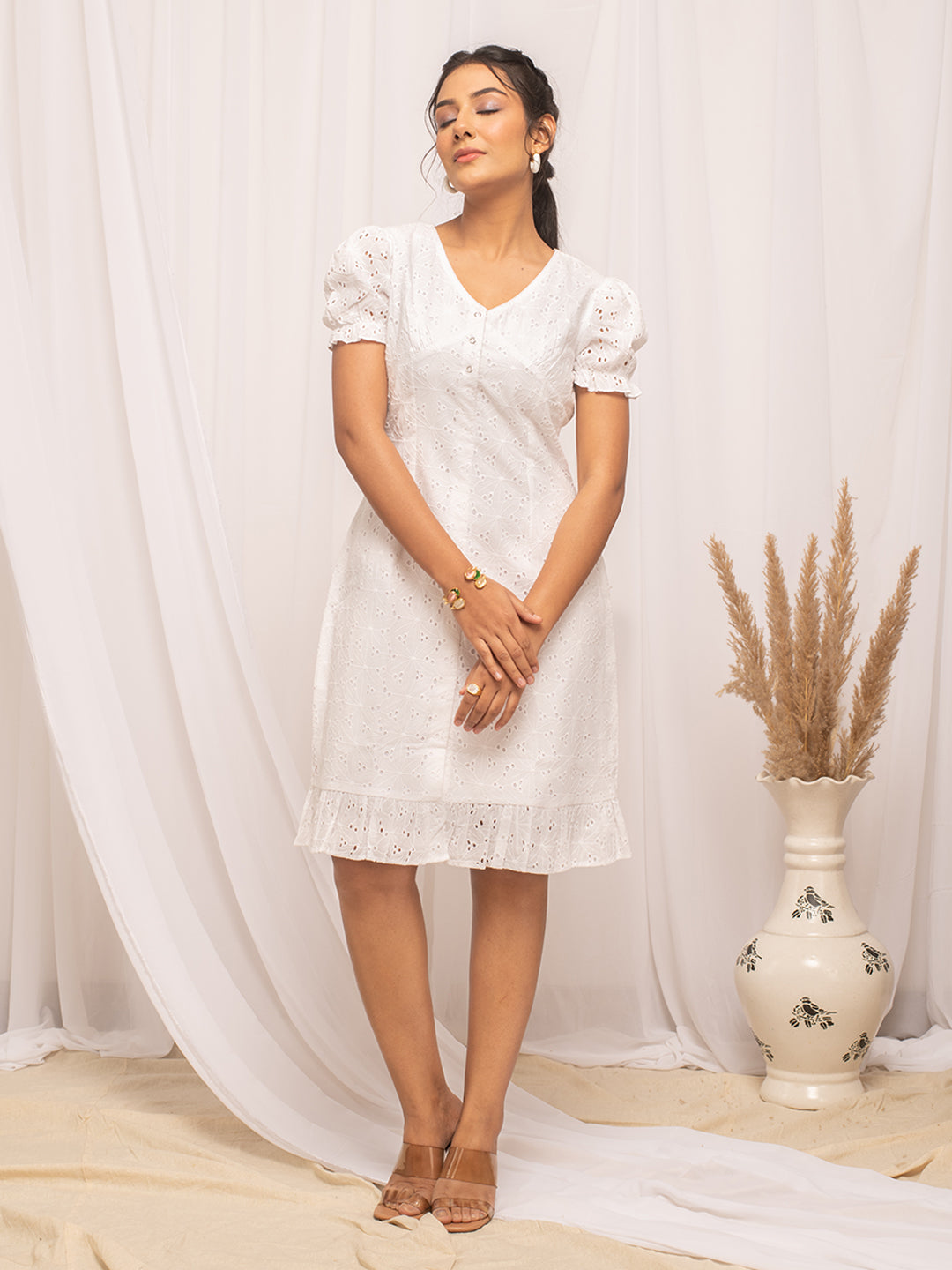 FIORRA Women's White Schiffli Work Cotton Skater Dress