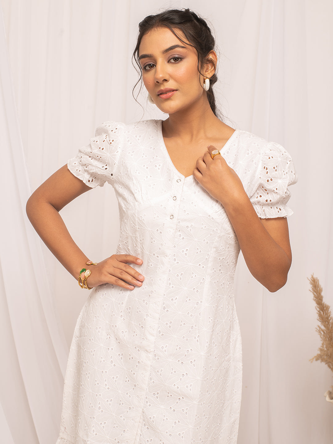 FIORRA Women's White Schiffli Work Cotton Skater Dress