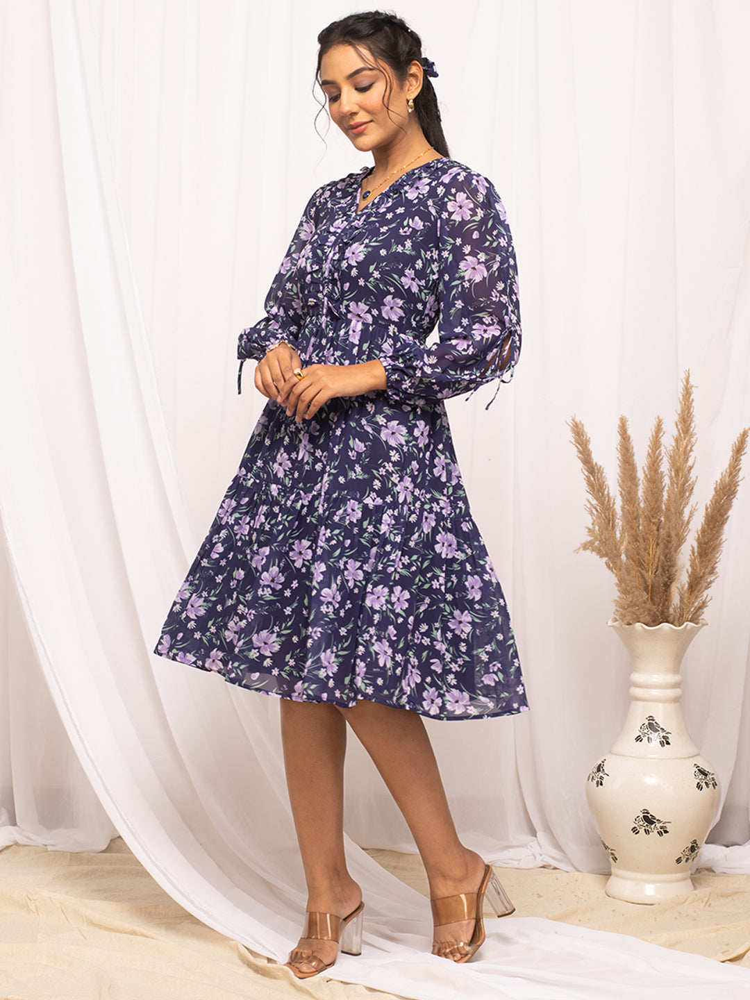 FIORRA Women's Blue Georgette Floral Printed  Dress