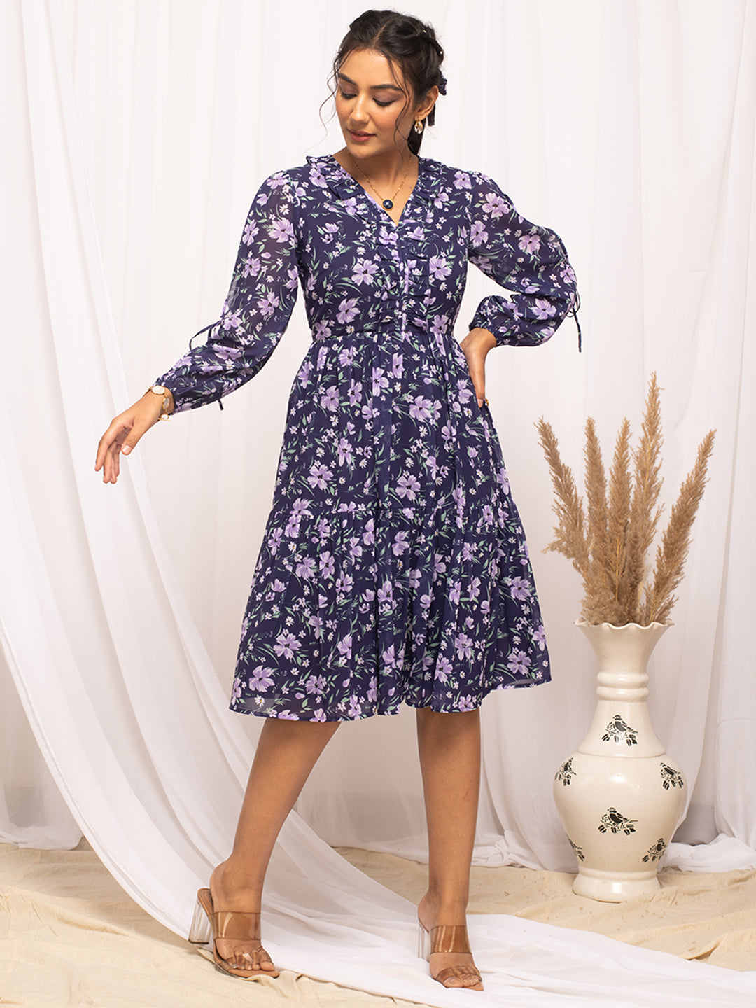 FIORRA Women's Blue Georgette Floral Printed  Dress