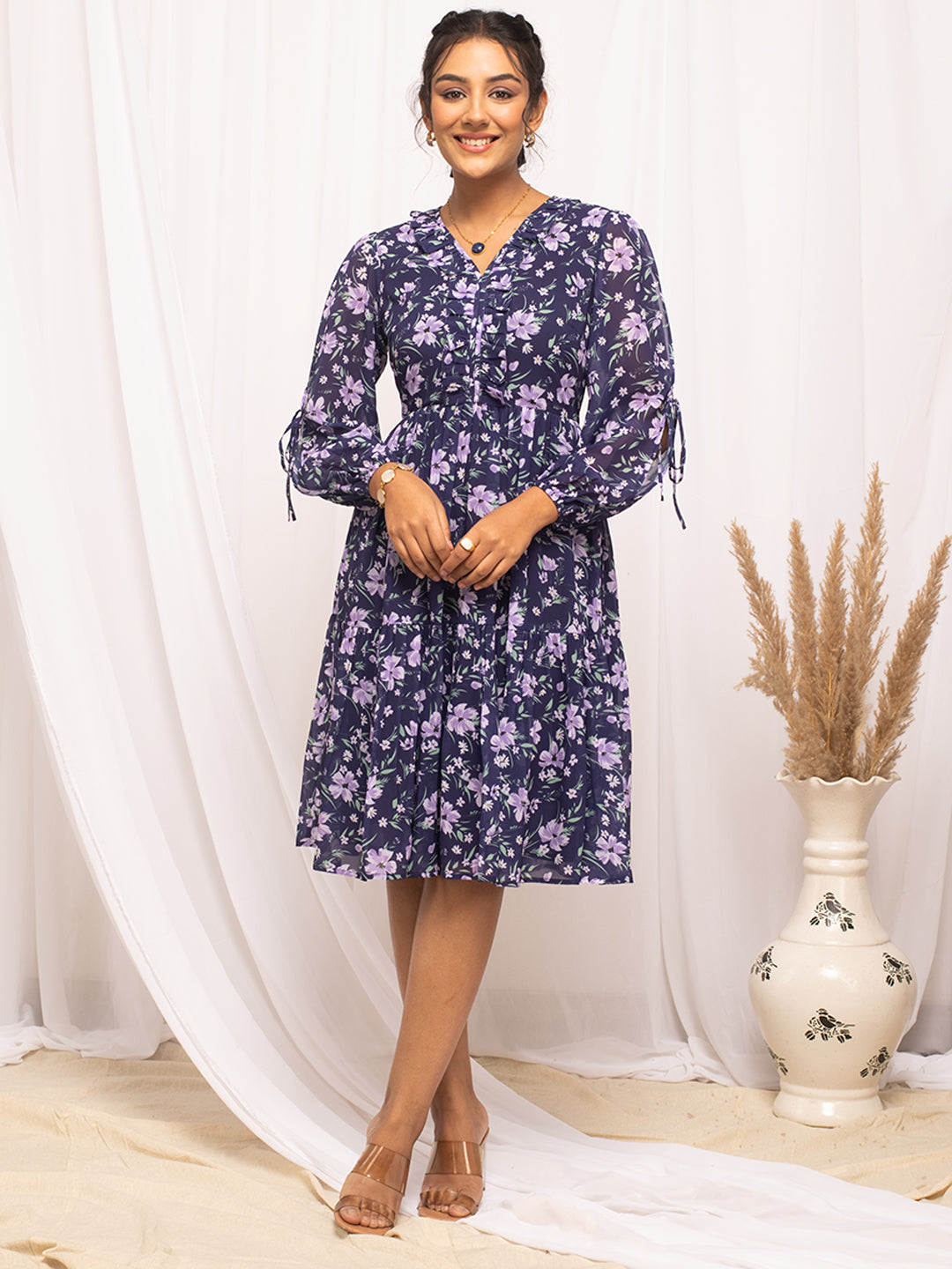 FIORRA Women's Blue Georgette Floral Printed  Dress