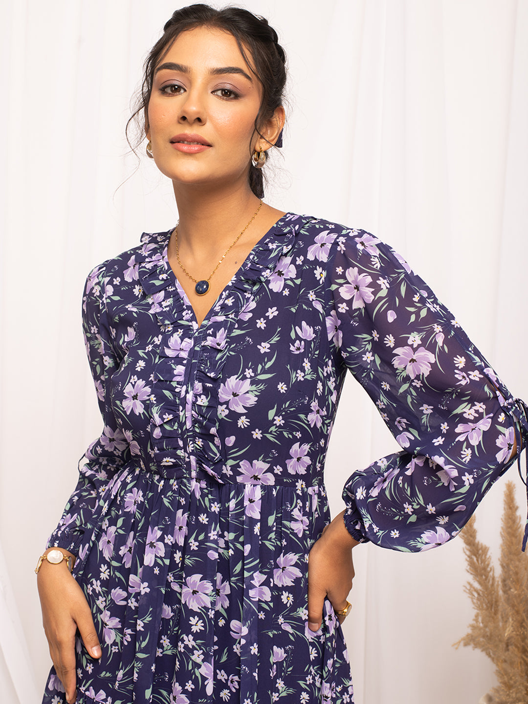 FIORRA Women's Blue Georgette Floral Printed  Dress