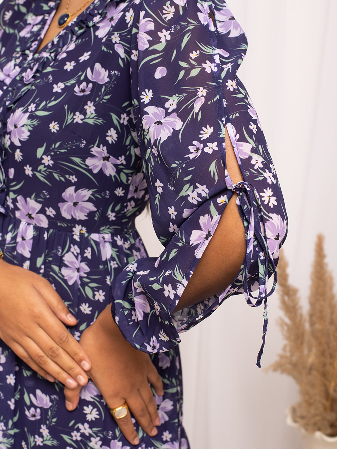 FIORRA Women's Blue Georgette Floral Printed  Dress