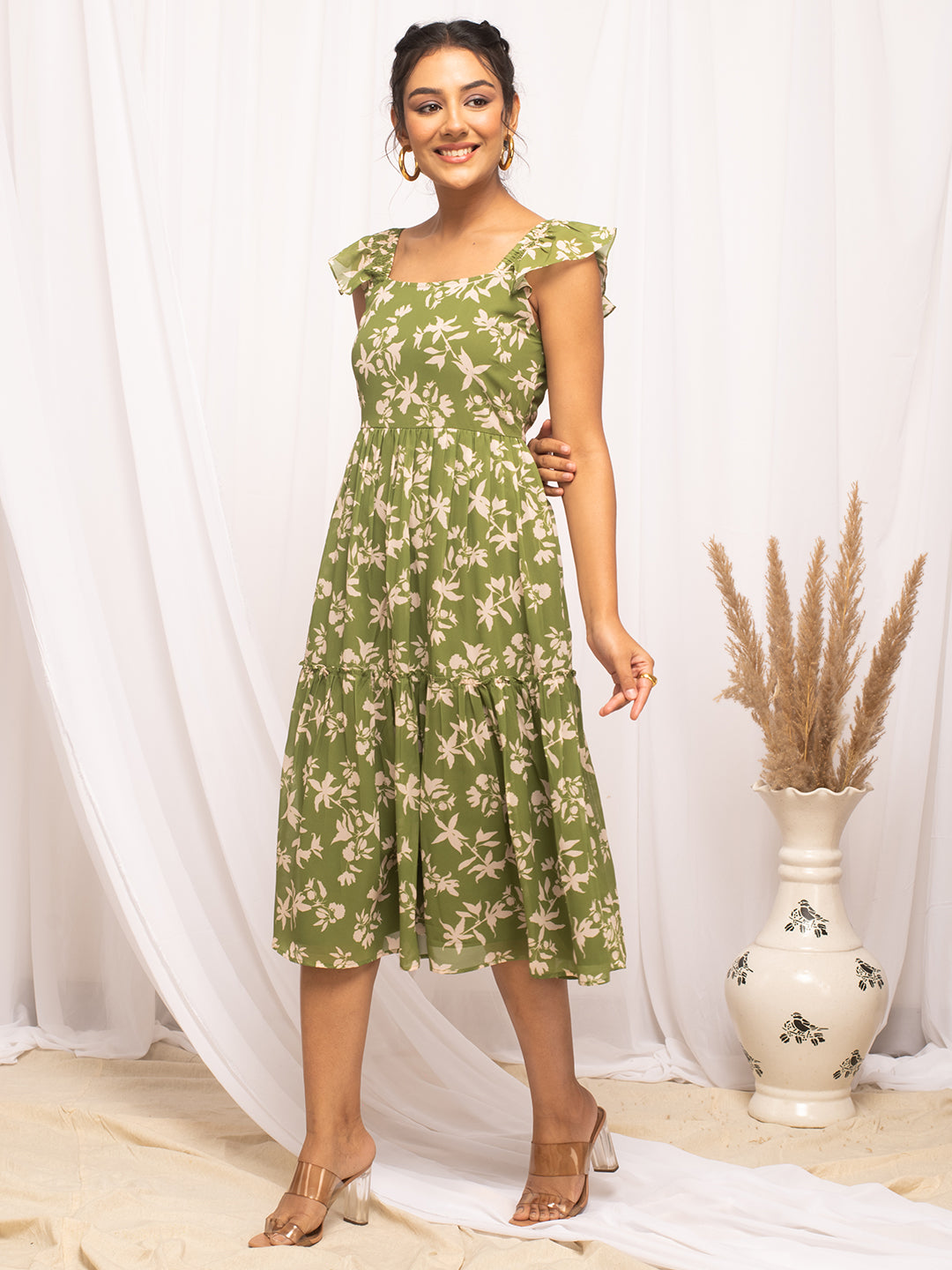 FIORRA Women's Mehandi Green Georgette Floral Printed  Dress