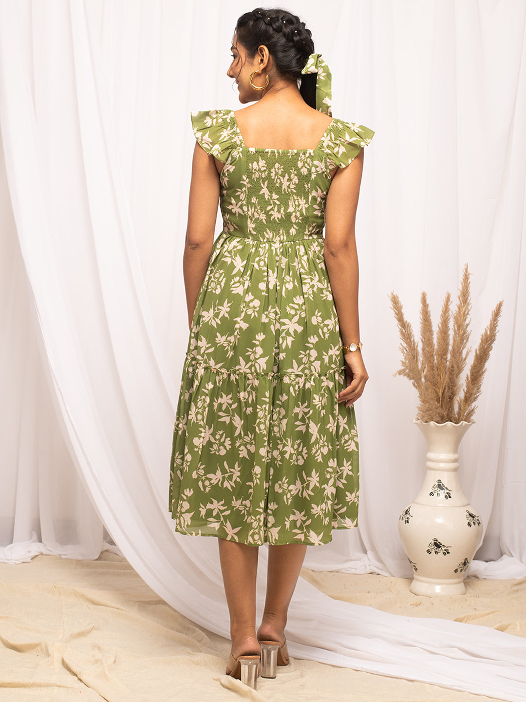 FIORRA Women's Mehandi Green Georgette Floral Printed  Dress