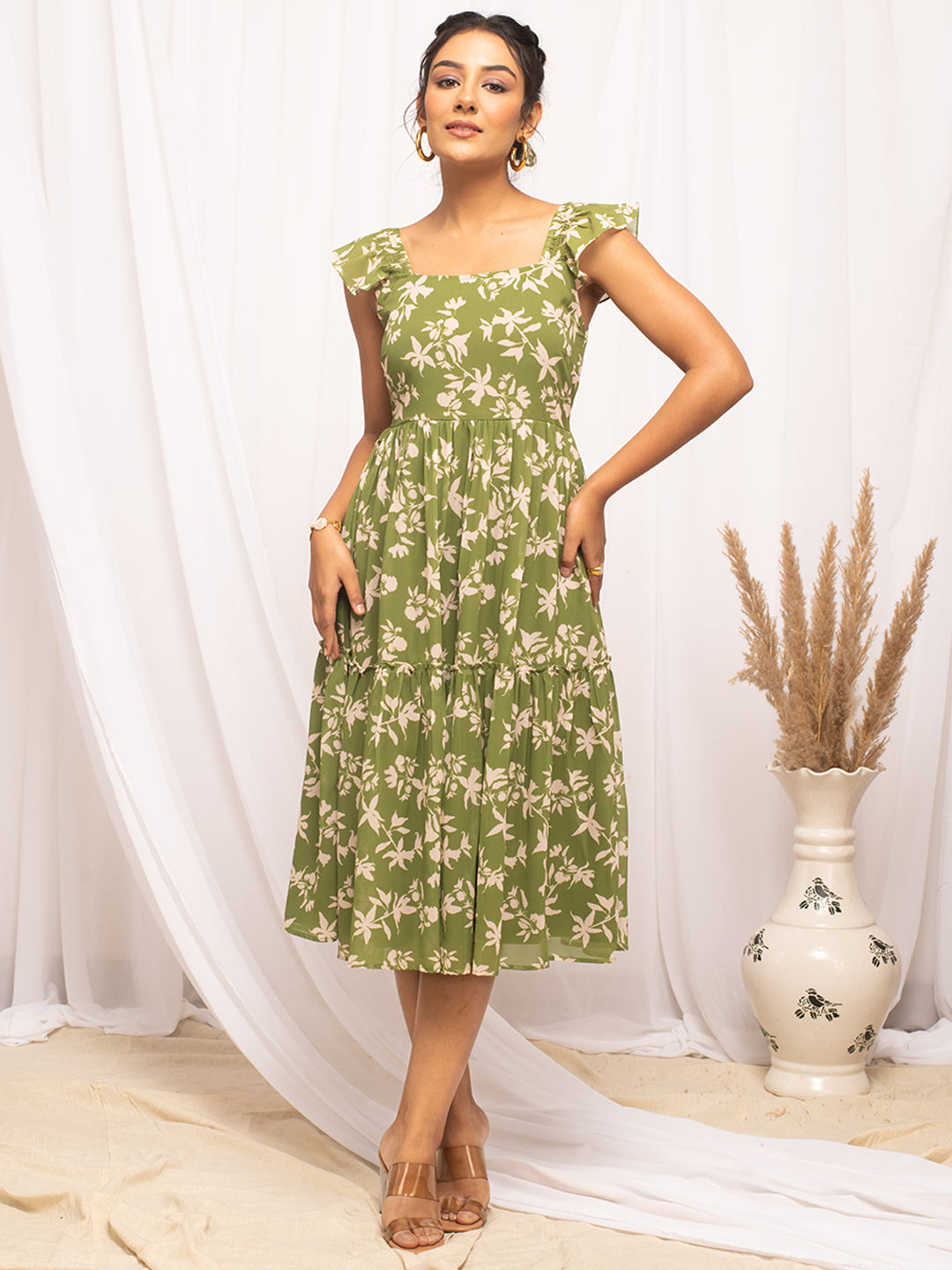 FIORRA Women's Mehandi Green Georgette Floral Printed  Dress