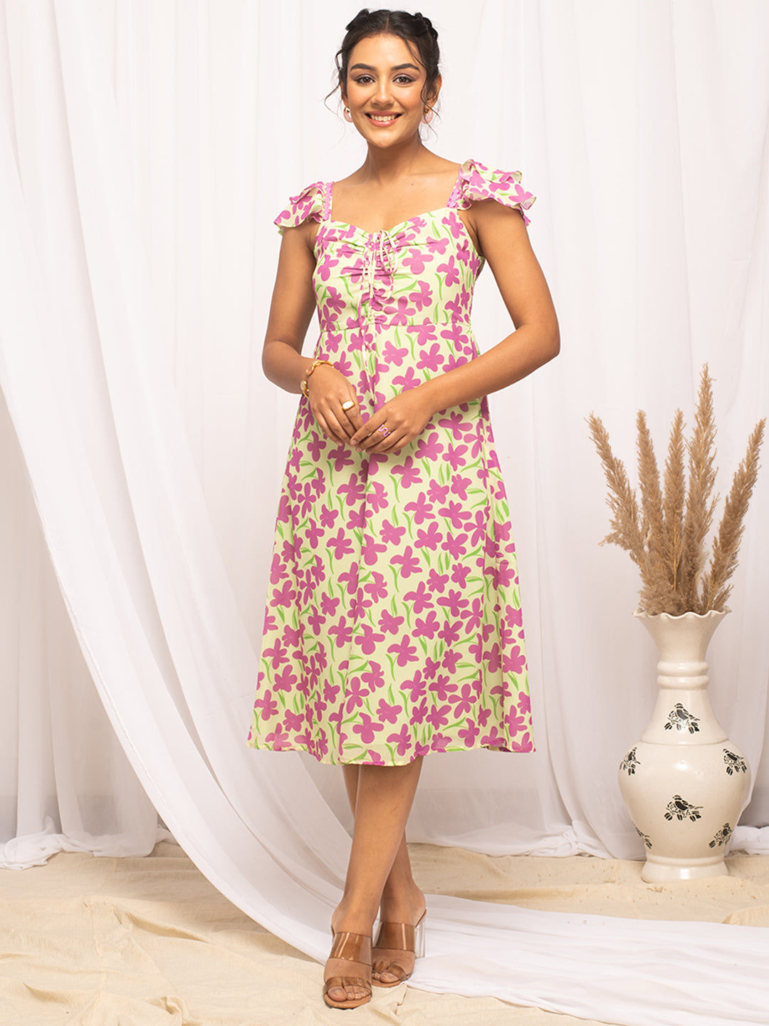 FIORRA Women's Pink Georgette Floral Printed  Dress