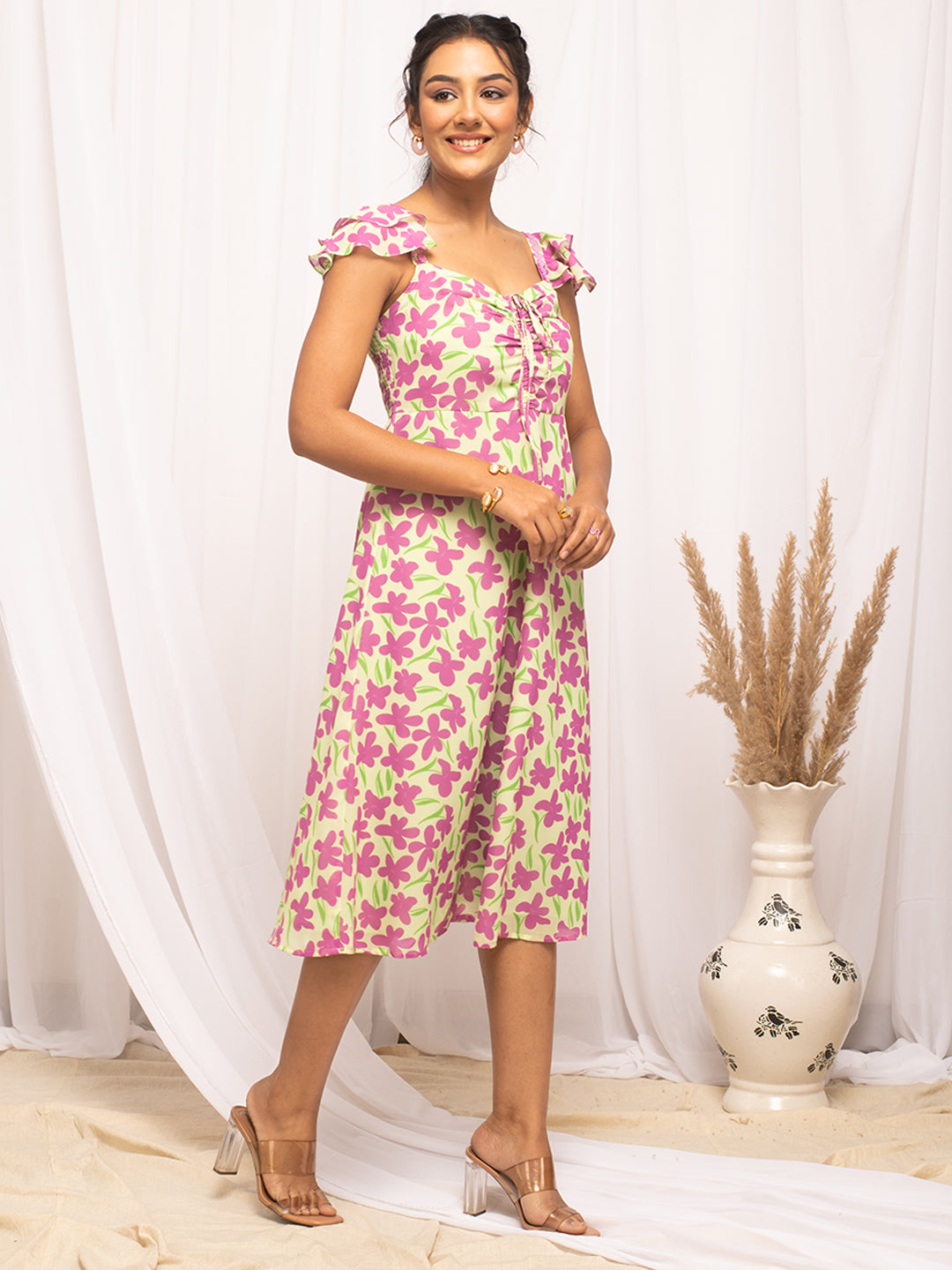 FIORRA Women's Pink Georgette Floral Printed  Dress