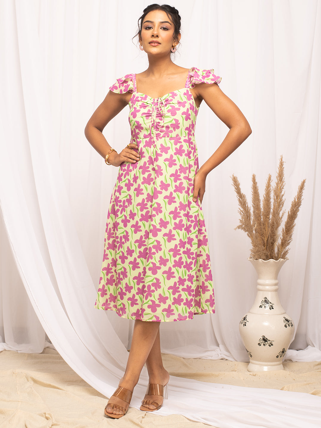 FIORRA Women's Pink Georgette Floral Printed  Dress