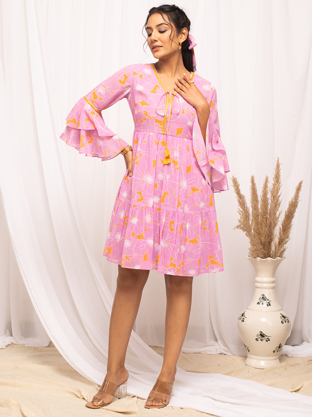 FIORRA Women's Light Pink Georgette Floral Printed  Dress