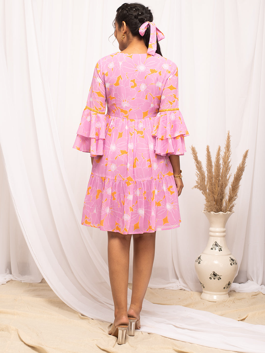 FIORRA Women's Light Pink Georgette Floral Printed  Dress