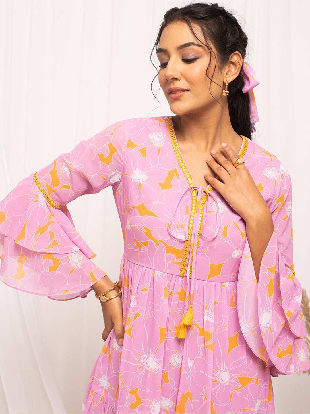 FIORRA Women's Light Pink Georgette Floral Printed  Dress