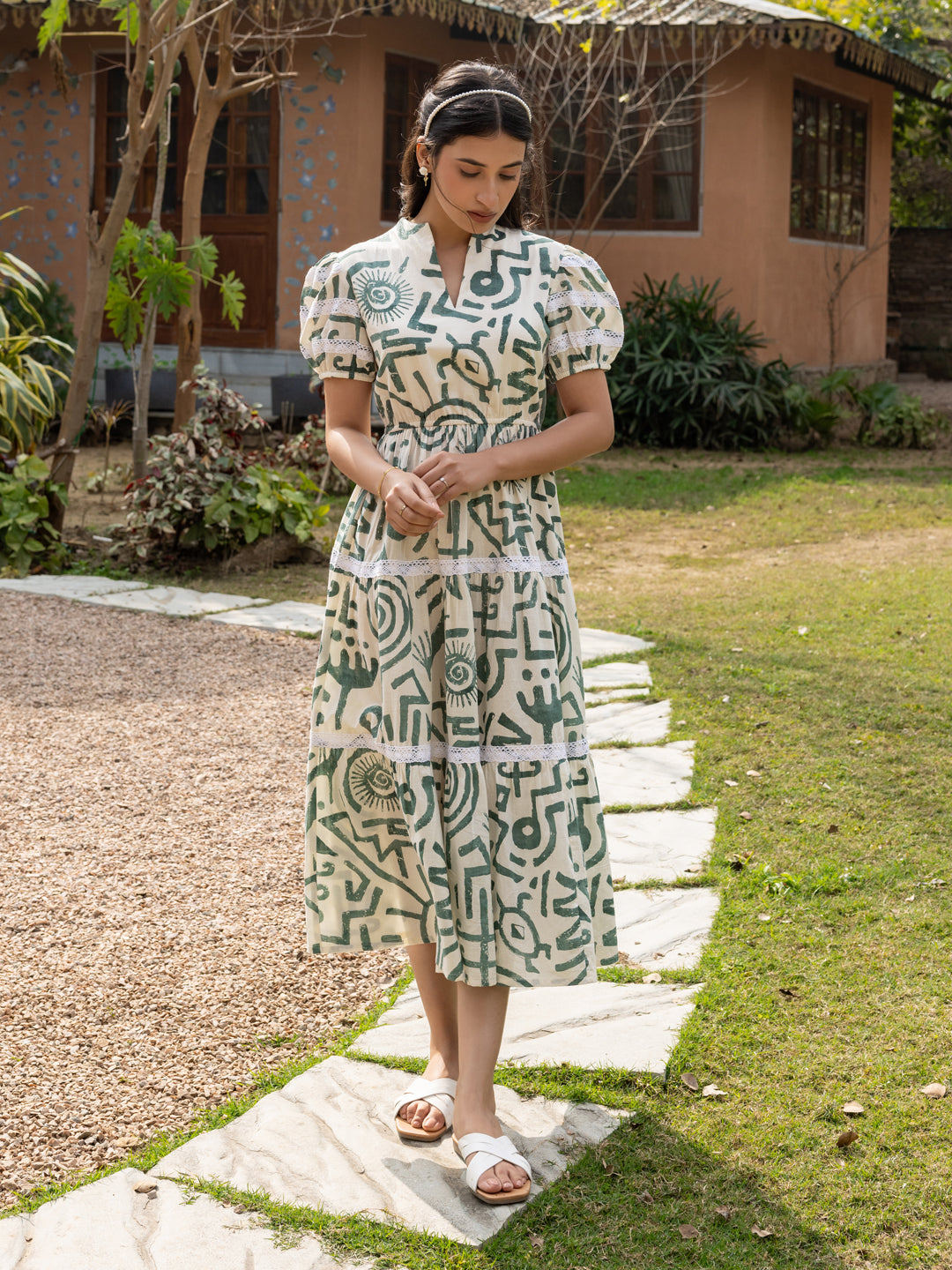 FIORRA Women's Off-White Printed Cotton Midi Dress