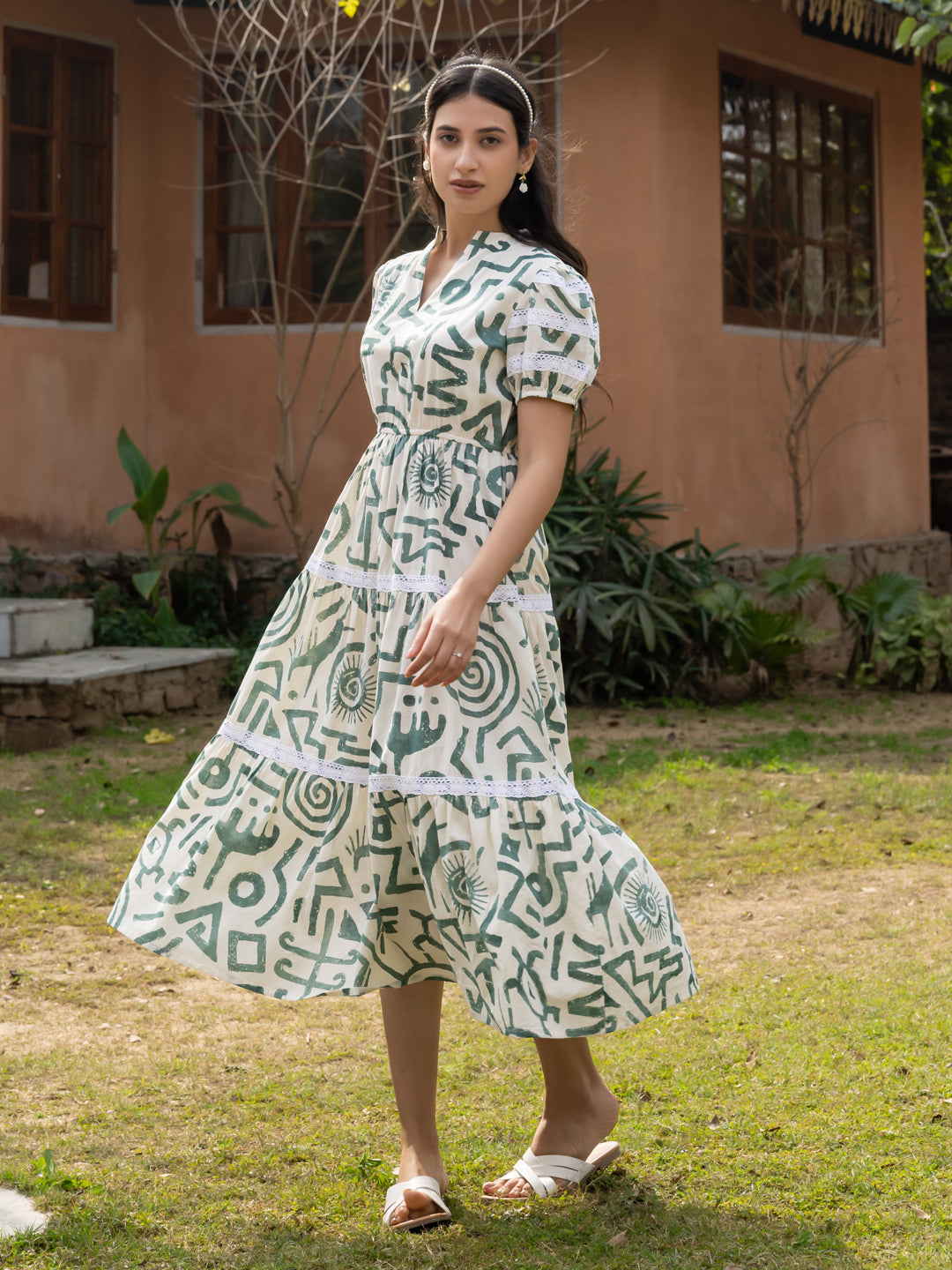 FIORRA Women's Off-White Printed Cotton Midi Dress