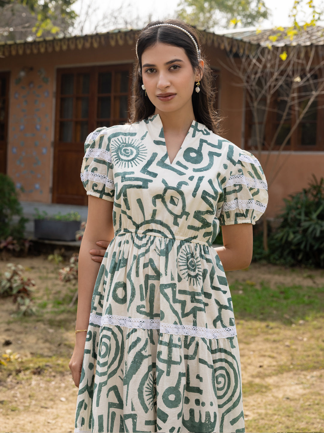 FIORRA Women's Off-White Printed Cotton Midi Dress