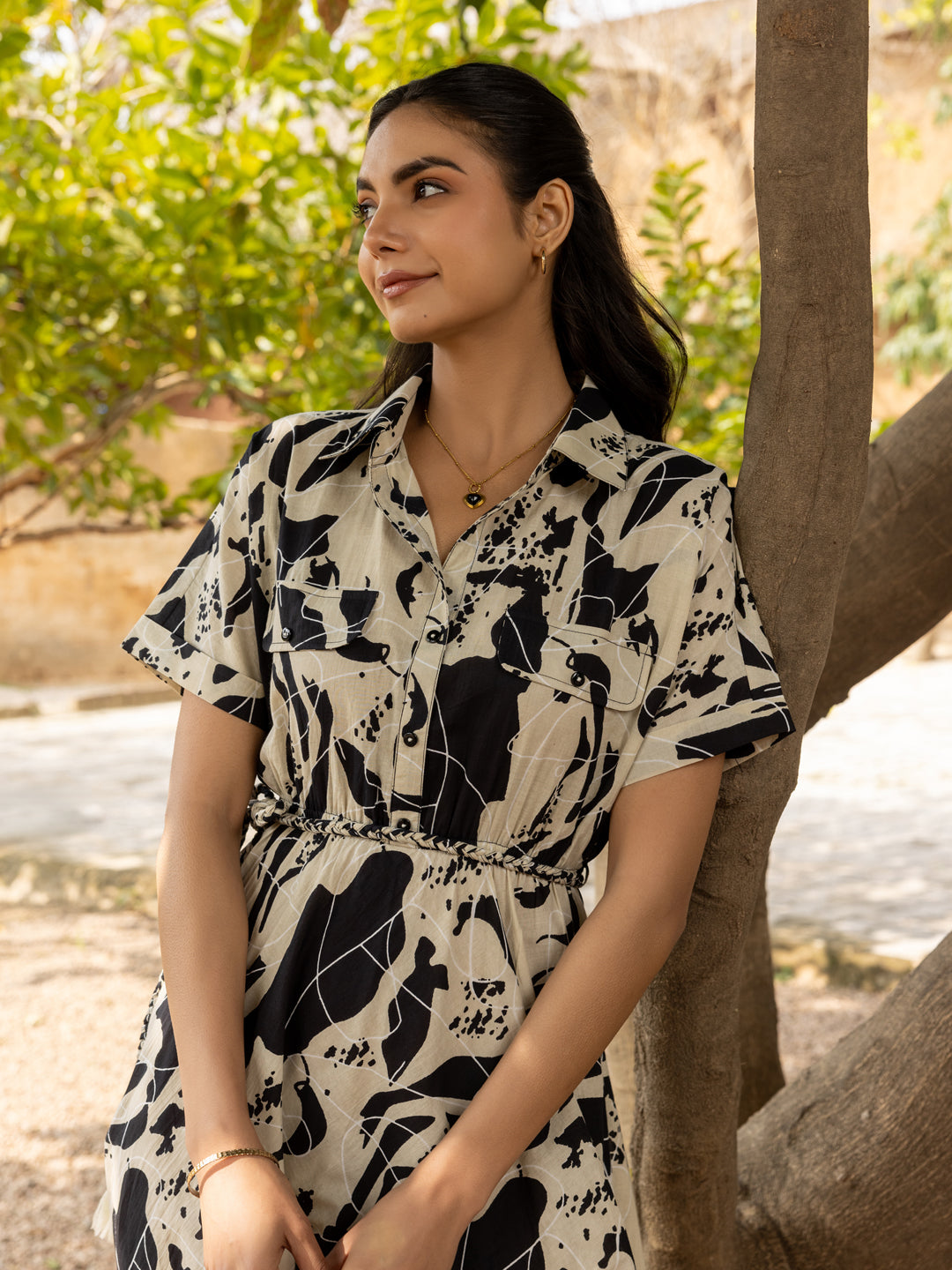 FIORRA Women's Black Abstract Print Cotton Midi Dress