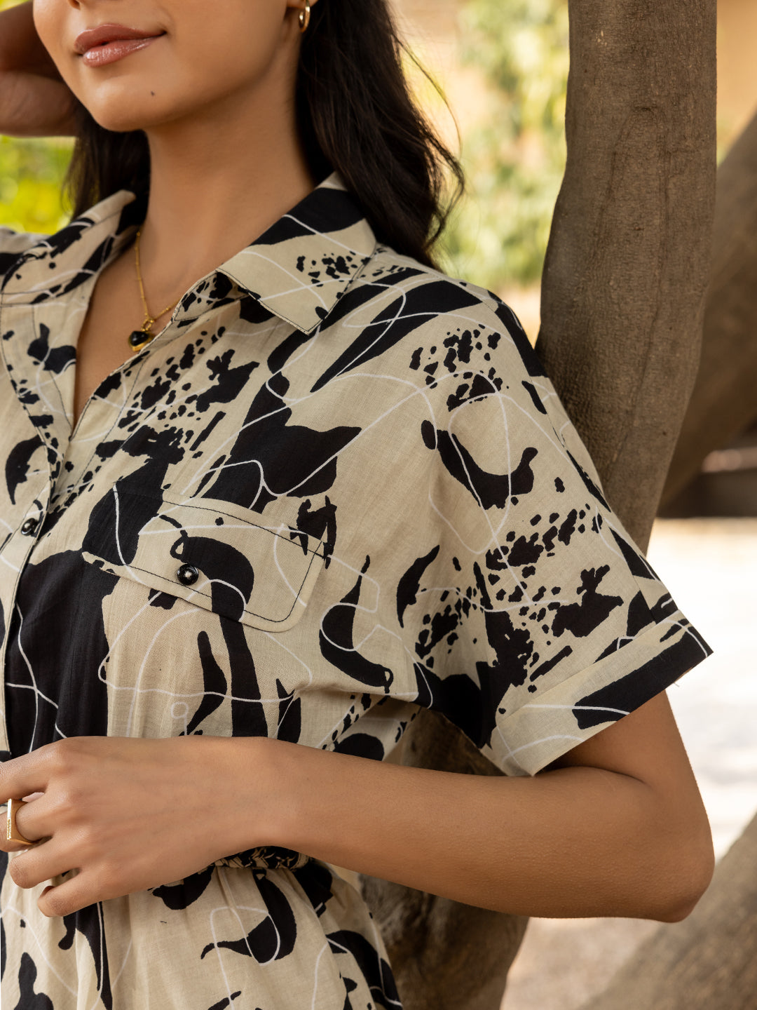 FIORRA Women's Black Abstract Print Cotton Midi Dress