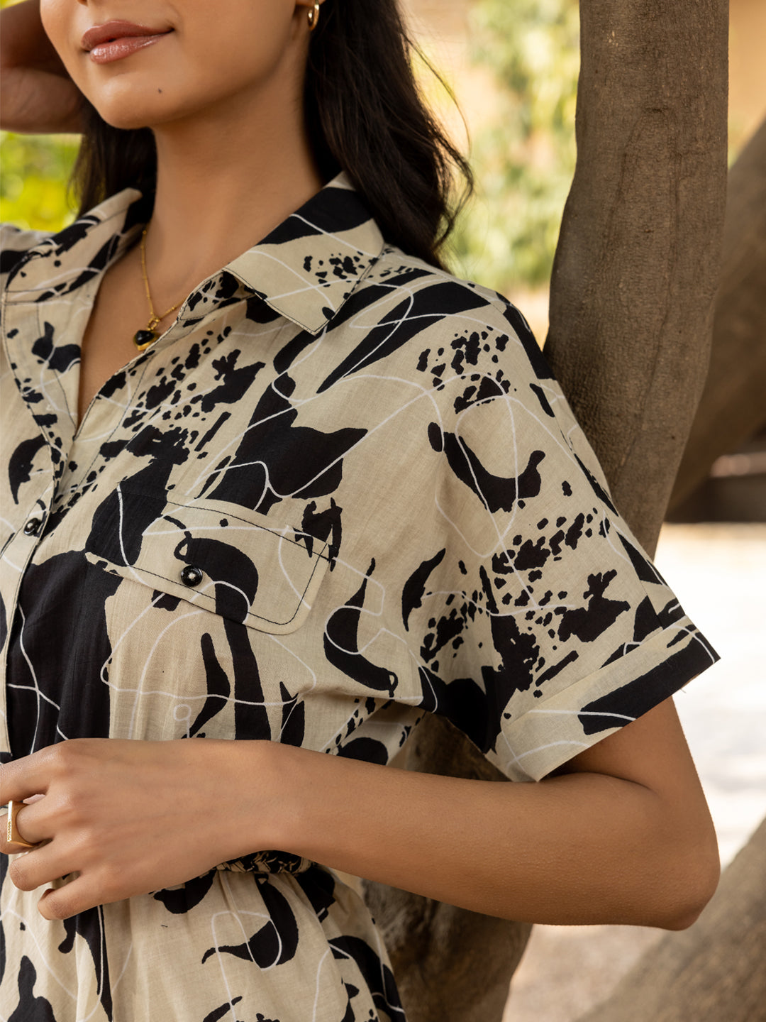 FIORRA Women's Black Abstract Print Cotton Midi Dress