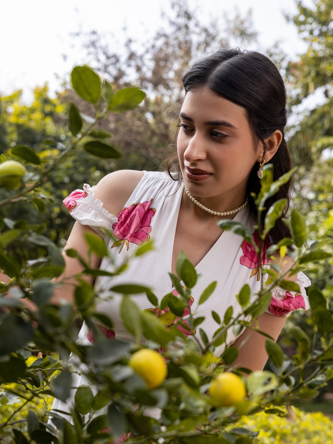 FIORRA Women's White Floral Print Cotton Midi Dress